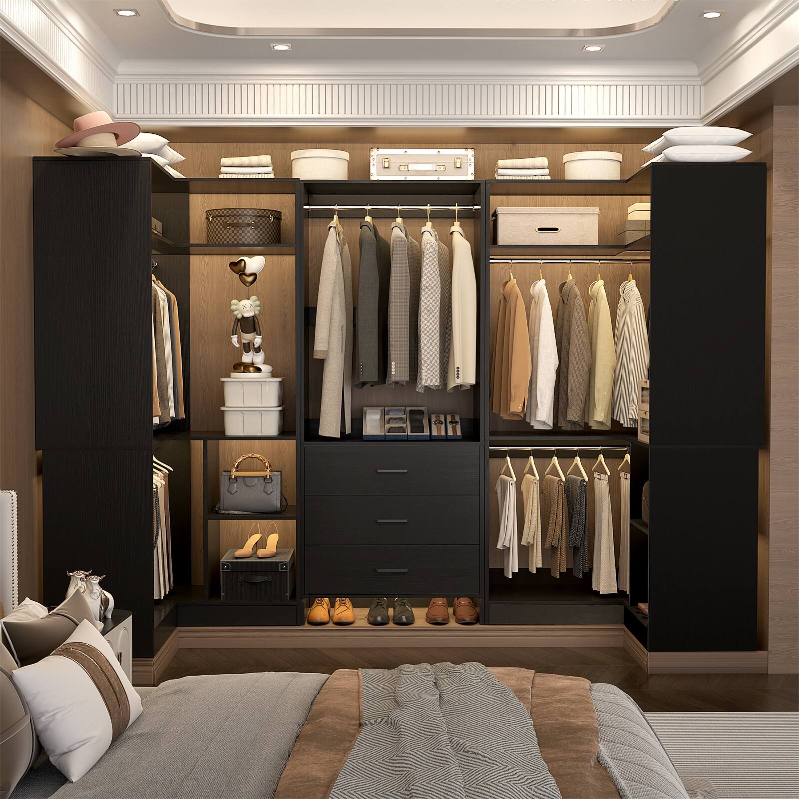 Front. Aheaplus - 88.8'' With U-Shaped Closet System, Walk-in Wardrobe System with 3 Drawers and 5 Hanging Rods, Set of 3 - Black.