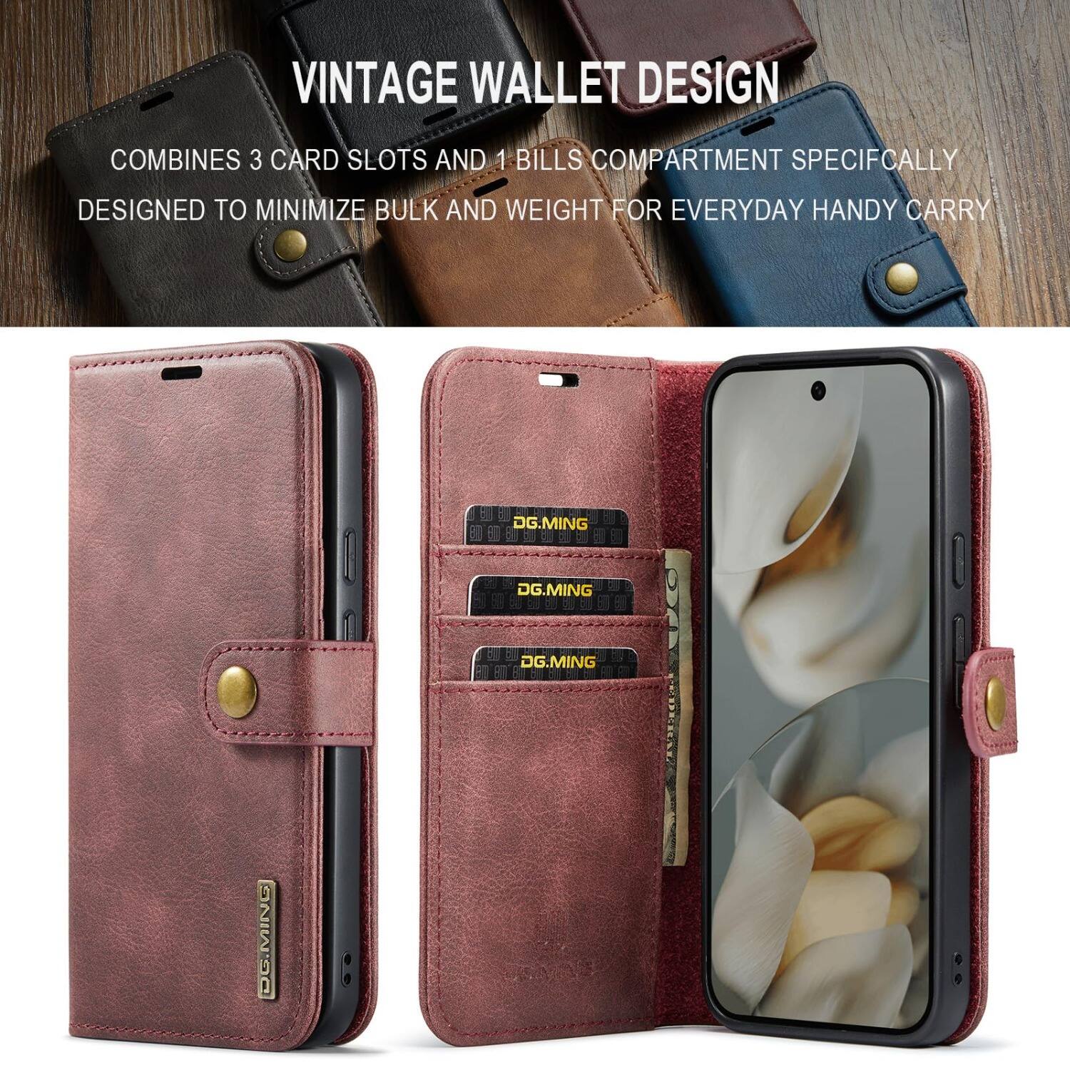 VINTAGE WALLET DESIGN  
COMBINES 3 CARD SLOTS AND 1 BILLS COMPARTMENT SPECIFICALLY  
DESIGNED TO MINIMIZE BULK AND WEIGHT FOR EVERYDAY HANDY CARRY  

DG.MING  
DG.MING  
DG.MING  
DG.MING