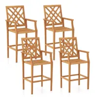 Costway 4 PCS Patio Teak Wood Bar Stool with Ergonomic Backrest Armrests & Footrest Outdoor - Natural - Front_Zoom