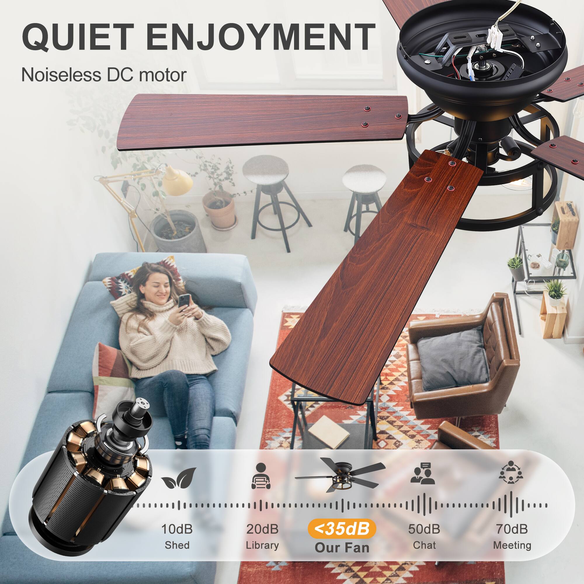 QUIET ENJOYMENT  
Noiseless DC motor  

10dB Shed  
20dB Library  
<35dB Our Fan  
50dB Chat  
70dB Meeting