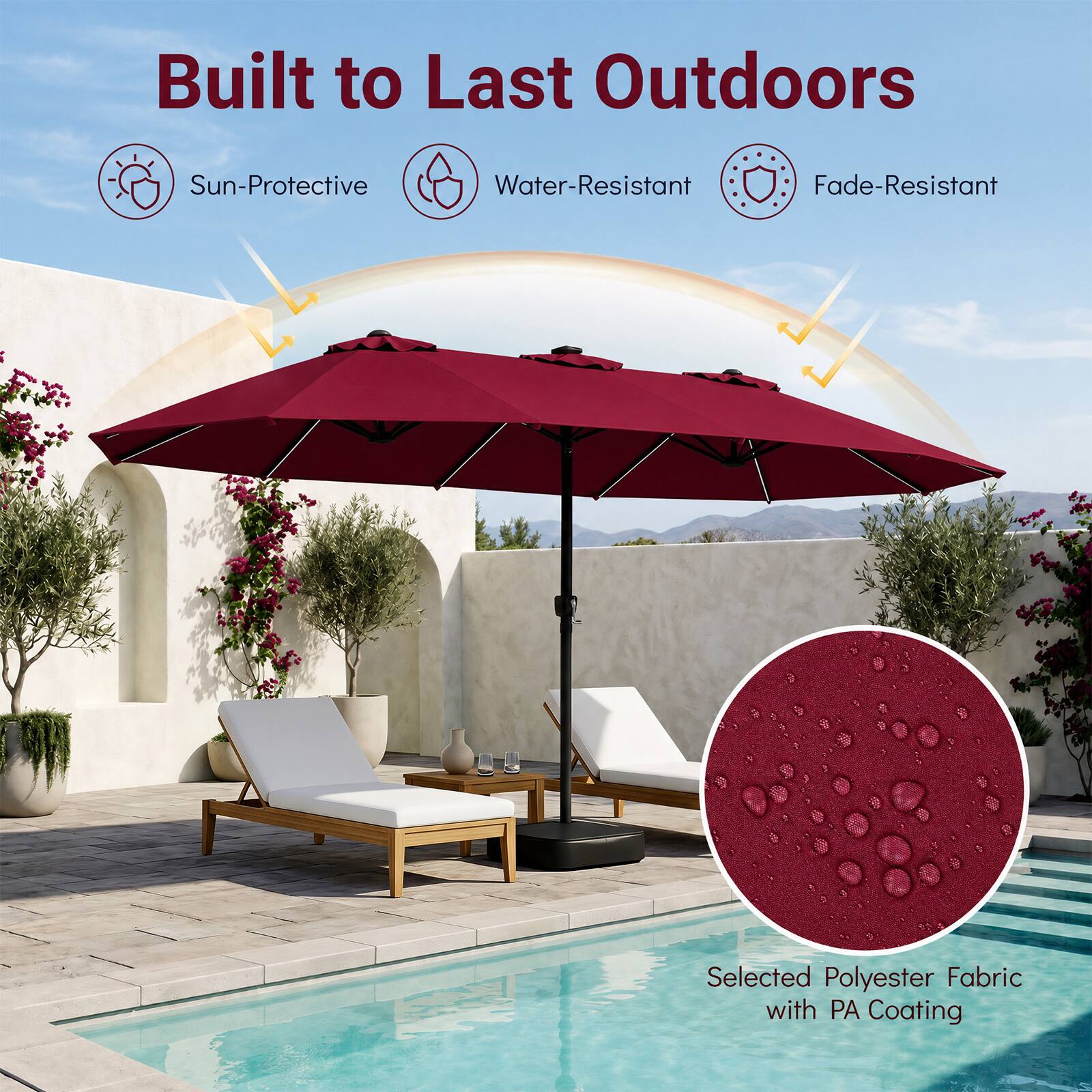 Built to Last Outdoors  
Sun-Protective  
Water-Resistant  
Fade-Resistant  
Selected Polyester Fabric with PA Coating
