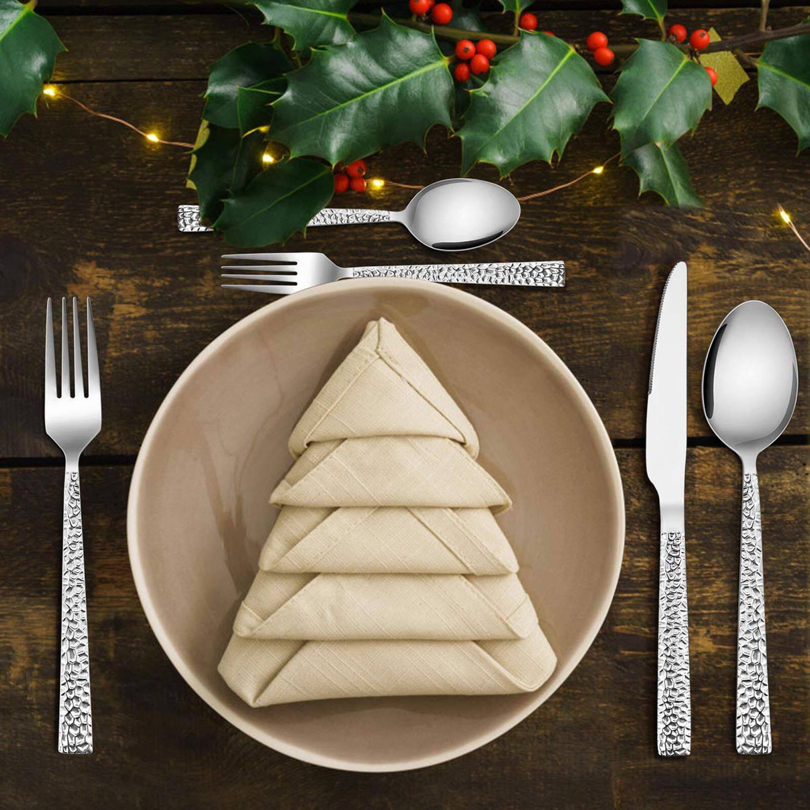 Back. Dazzed Corner - Hammered Silverware Set, 40-Piece Stainless Steel Square Flatware Set for 8 - Silver.