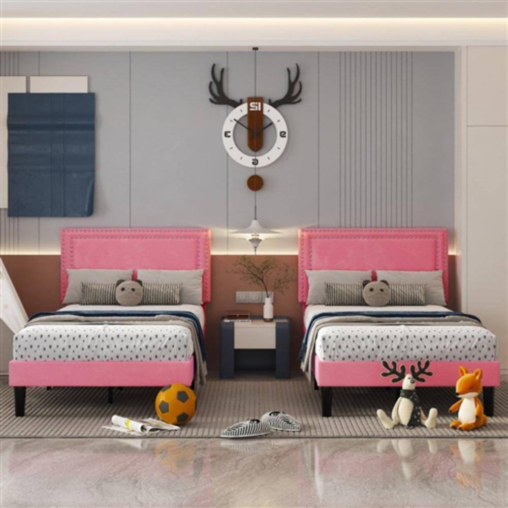 Left. Hivvago - Set of 2 - Twin size Pink Upholstered Platform Bed with Nailhead Trim Headboard - Pink.