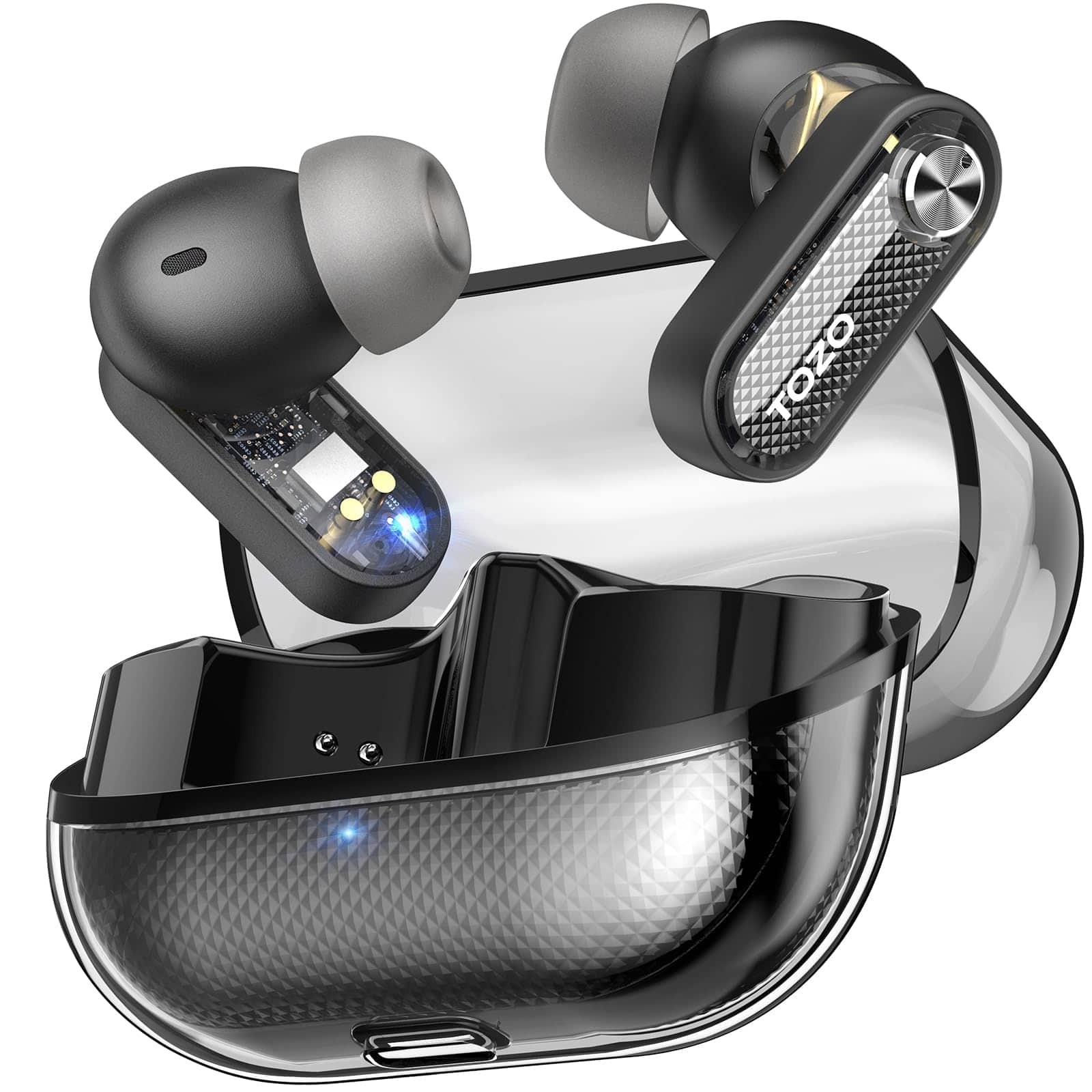 TOZO - Hybrid ANC Wireless Earbuds, 10mm Drivers Deep Bass, 4 Mics ENC AI Calls, 32 EQ, Bluetooth 5.4, Crystal Case - Black