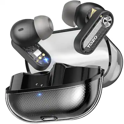Front. TOZO - TOZO Hybrid ANC Wireless Earbuds, 10mm Drivers Deep Bass, 4 Mics ENC AI Calls, 32 EQ, Bluetooth 5.4, Crystal Case - Black.