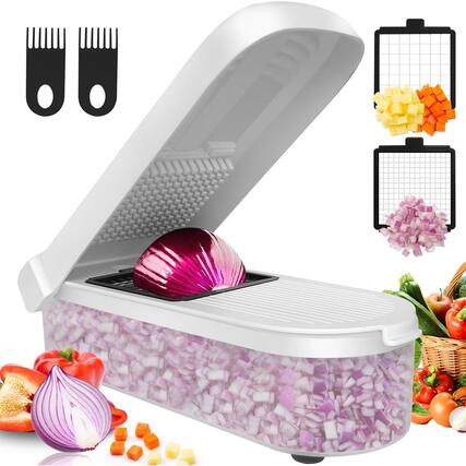 Front. PARKER SLATER - 4-in-1 Multifunctional Food Chopper with Container – Onion, Vegetable Slicer, Dicer, and Potato Cutter (White) - White.