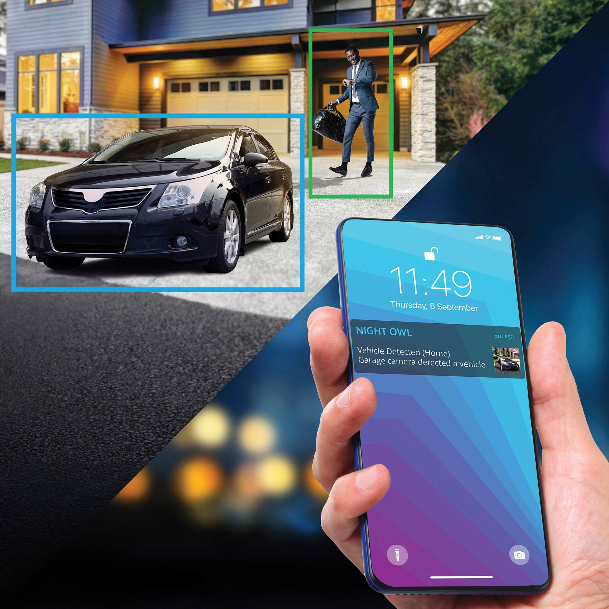 The text on the image reads: "11:49 Thursday, 8 September NIGHT OWL n agio Vehicle Detected (Home) Garage camera detected a vehicle."