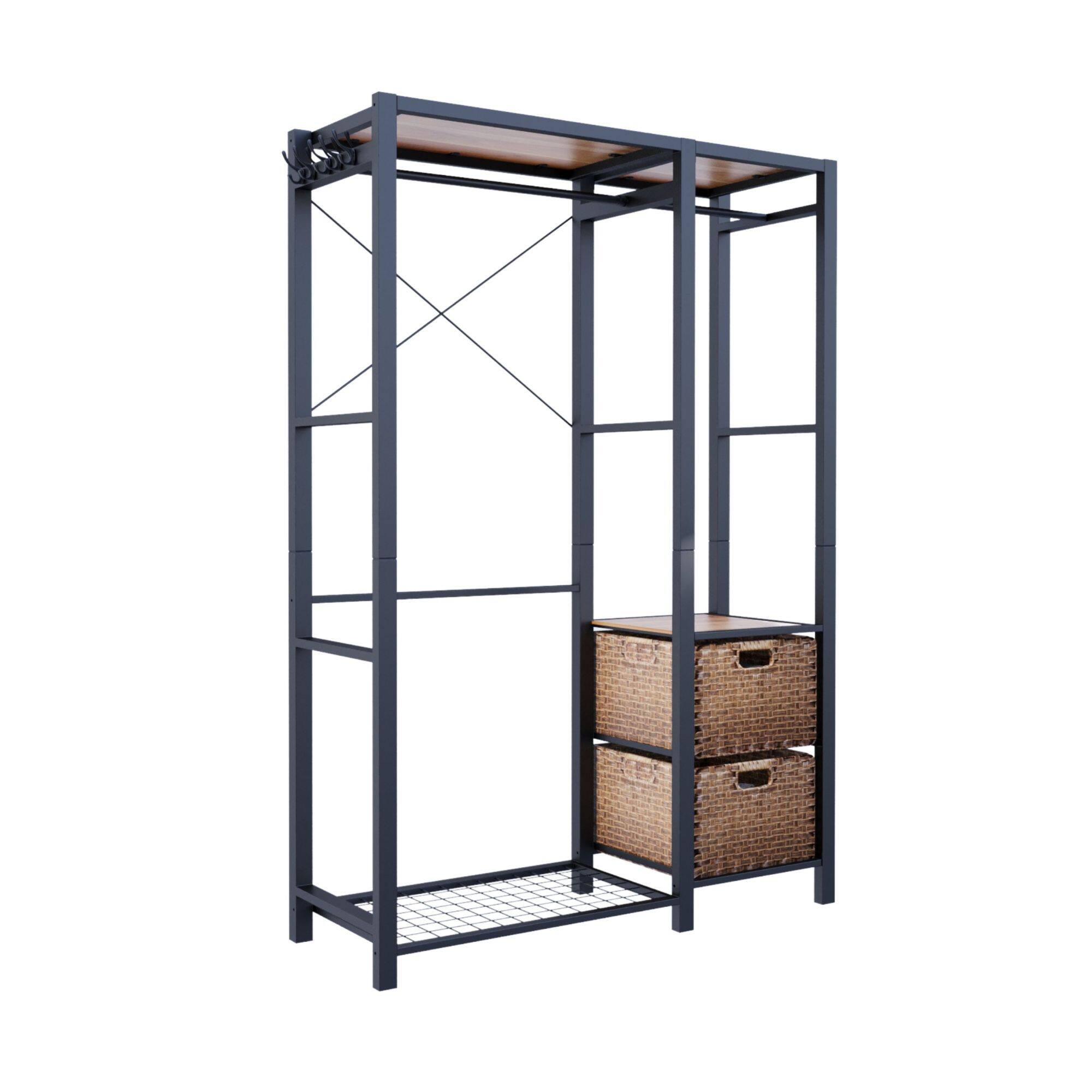 Alt View 6. GOODSILO - Freestanding Wood Garment Rack with Shelves, Drawers and Hanging Hooks - Heavy Duty Closet Organization System - Brown.