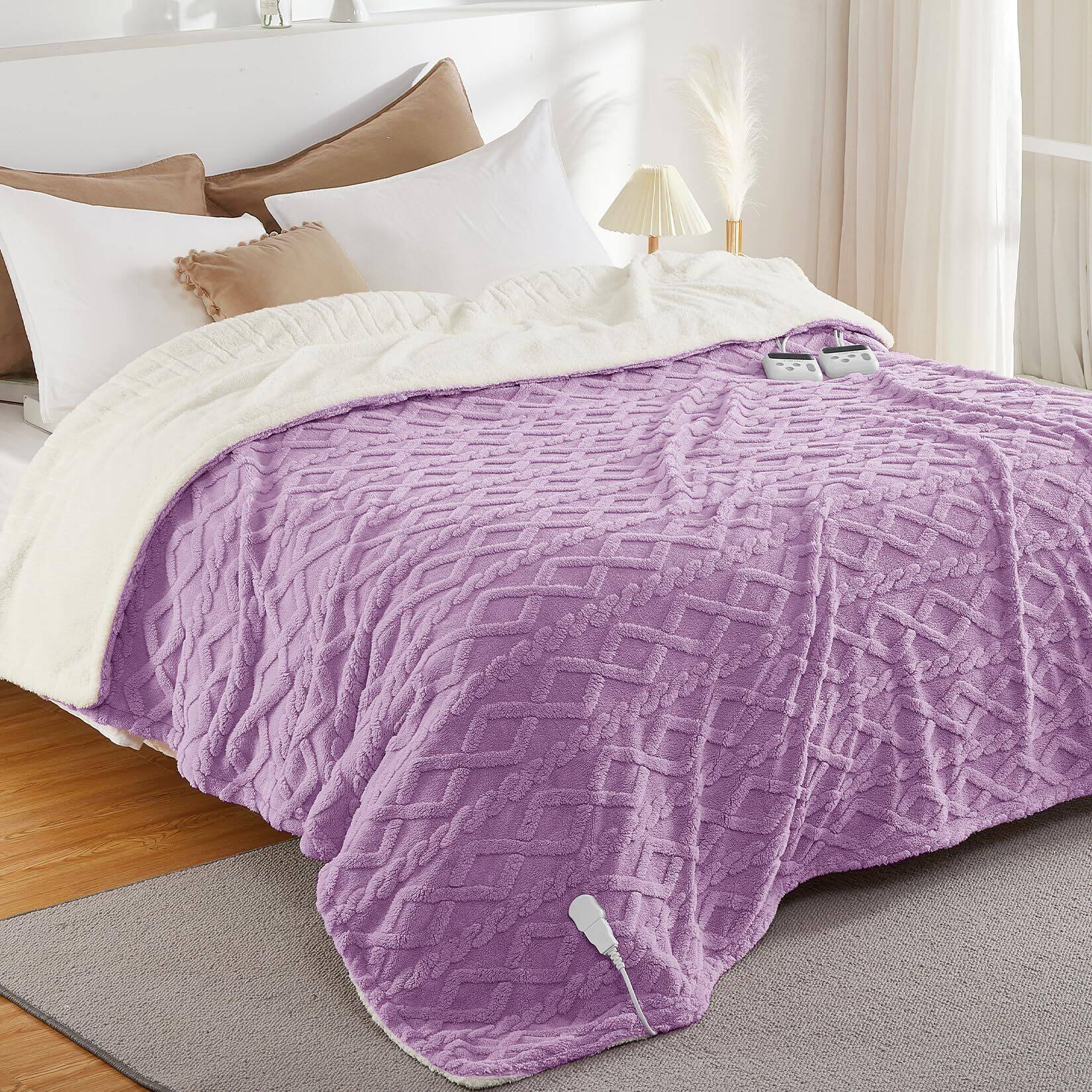 Jojoka - Washable Fast Heating Thick Tufted Sherpa Electric Blanket Throw w/ 10 Heating Levels & 10 Time Settings Queen 84"×90" - Purple