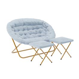 Emma + Oliver - Janey Folding Double Saucer Chair with 2 Ottomans and Steel Frame for Dorm or Bedroom - Aqua Fabric/Soft Gold Frame