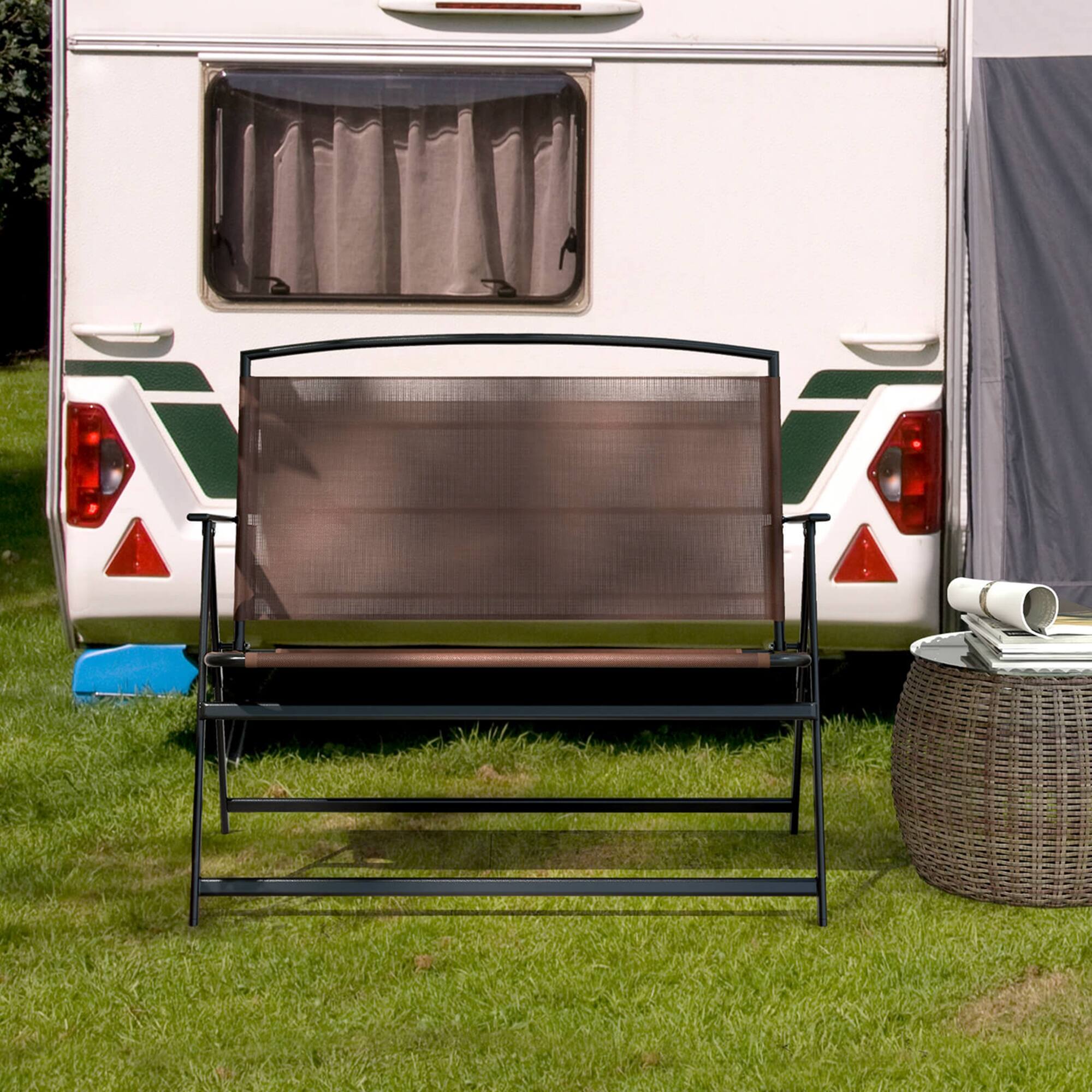 Angle. Costway - 2-Person Patio Bench Folding Outdoor Garden Bench with Backrest and Armrests - Brown.