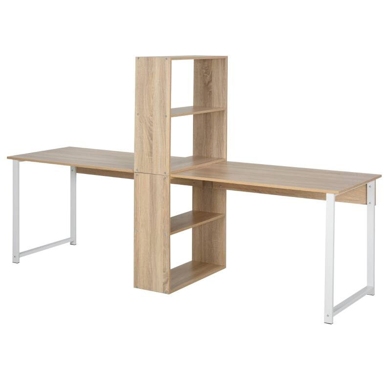 Left. Anysun - 88" 2-Person Computer Desk with Storage Shelves & Bookshelf, Double Workstation for Home Office - Natural Wood.