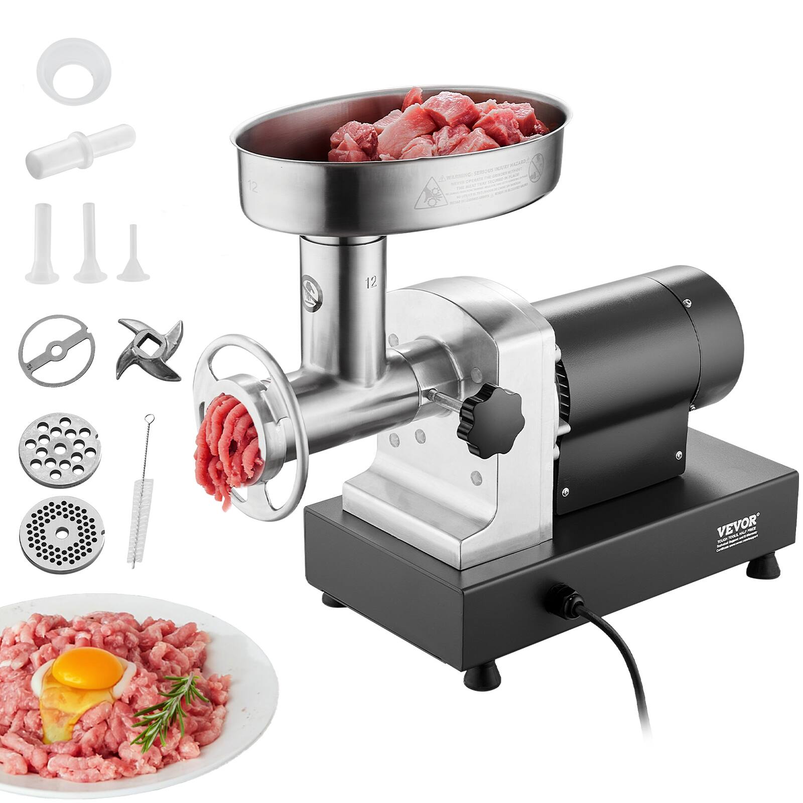 Front. VEVOR - Meat Grinder, 9 Lbs/Min Capacity Stainless Steel Electric Meat Grinders with Blade, Grinding Plate, Sausage Maker - Silver.