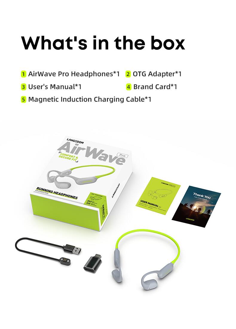 What's in the box

1. AirWave Pro Headphones*1
2. OTG Adapter*1
3. User's Manual*1
4. Brand Card*1
5. Magnetic Induction Charging Cable*1

LANGSDOM COMFORT SECURE FIT
LEUN ATSENTO RUNNING HEADPHONES
IPAT USER 320 MANUAL
Thank You