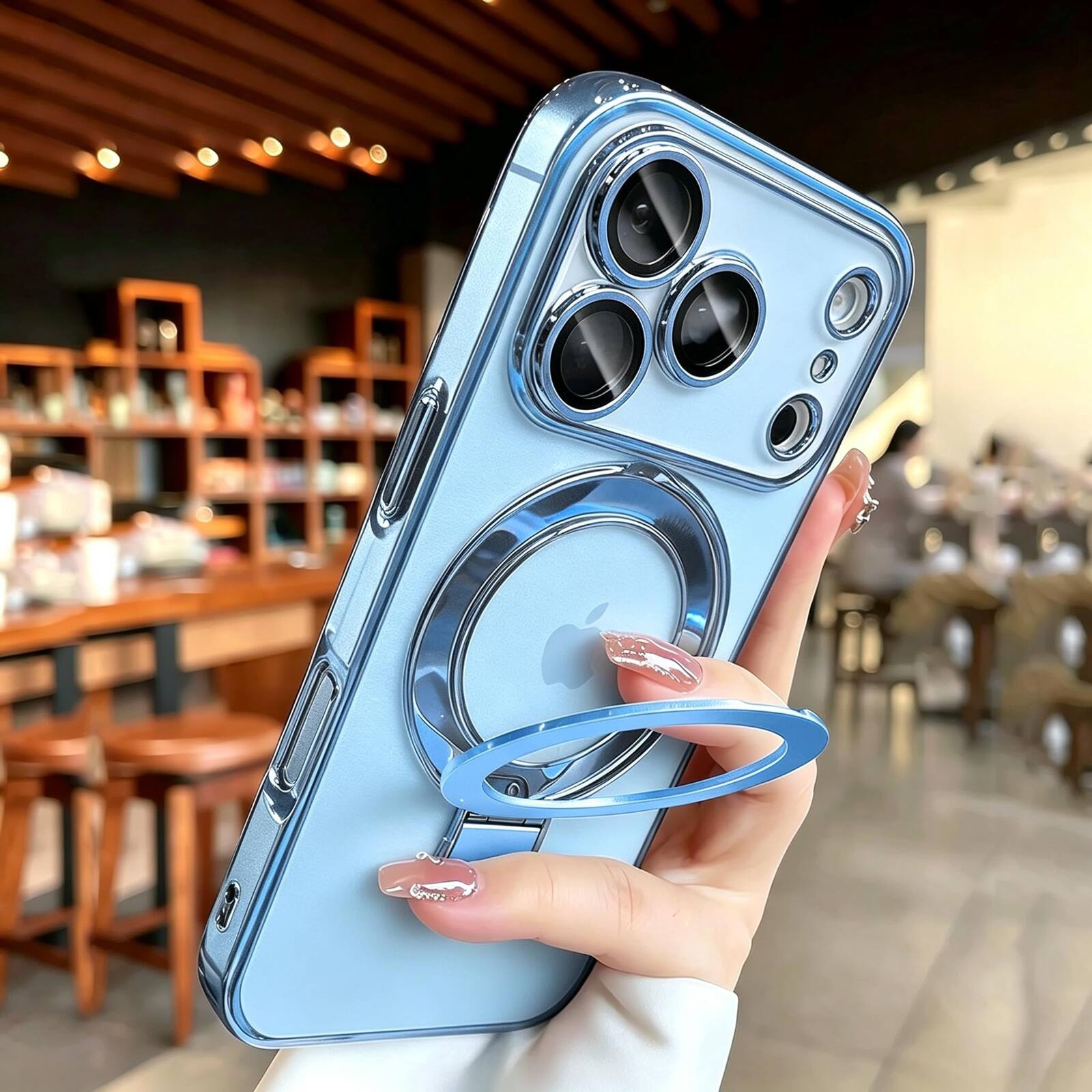 Left. UUCOVER - Magnetic Case for iPhone 18 Pro Max,Shockproof TPU+PC Clear Case Ring Stand Compatible with MagSafe Camera Lens Cover - Skyblue.