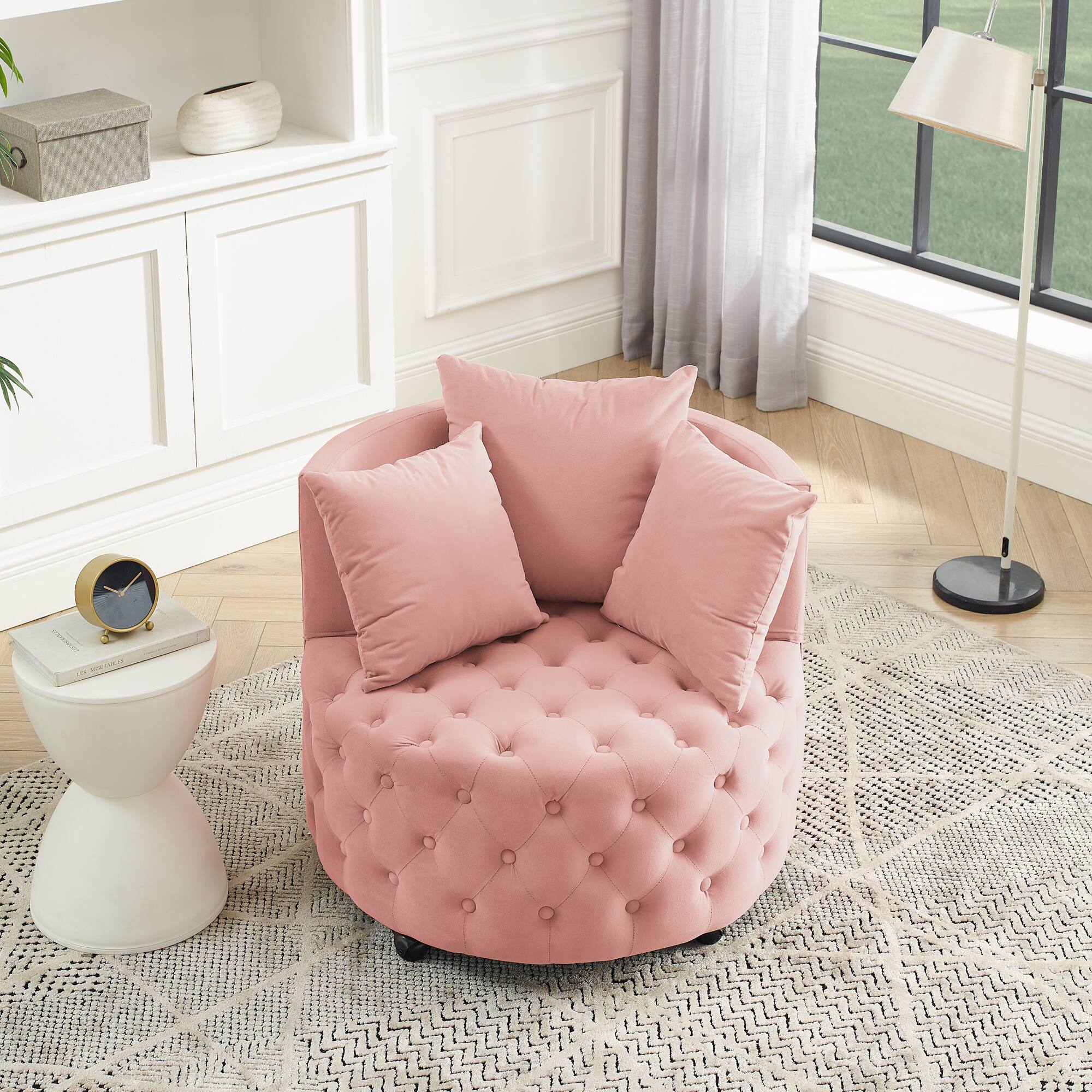 Angle. GOODSILO - Luxury Upholstered Swivel Accent Chair with Tufted Back and Caster Wheels for Elegant Home Seating - Pink.