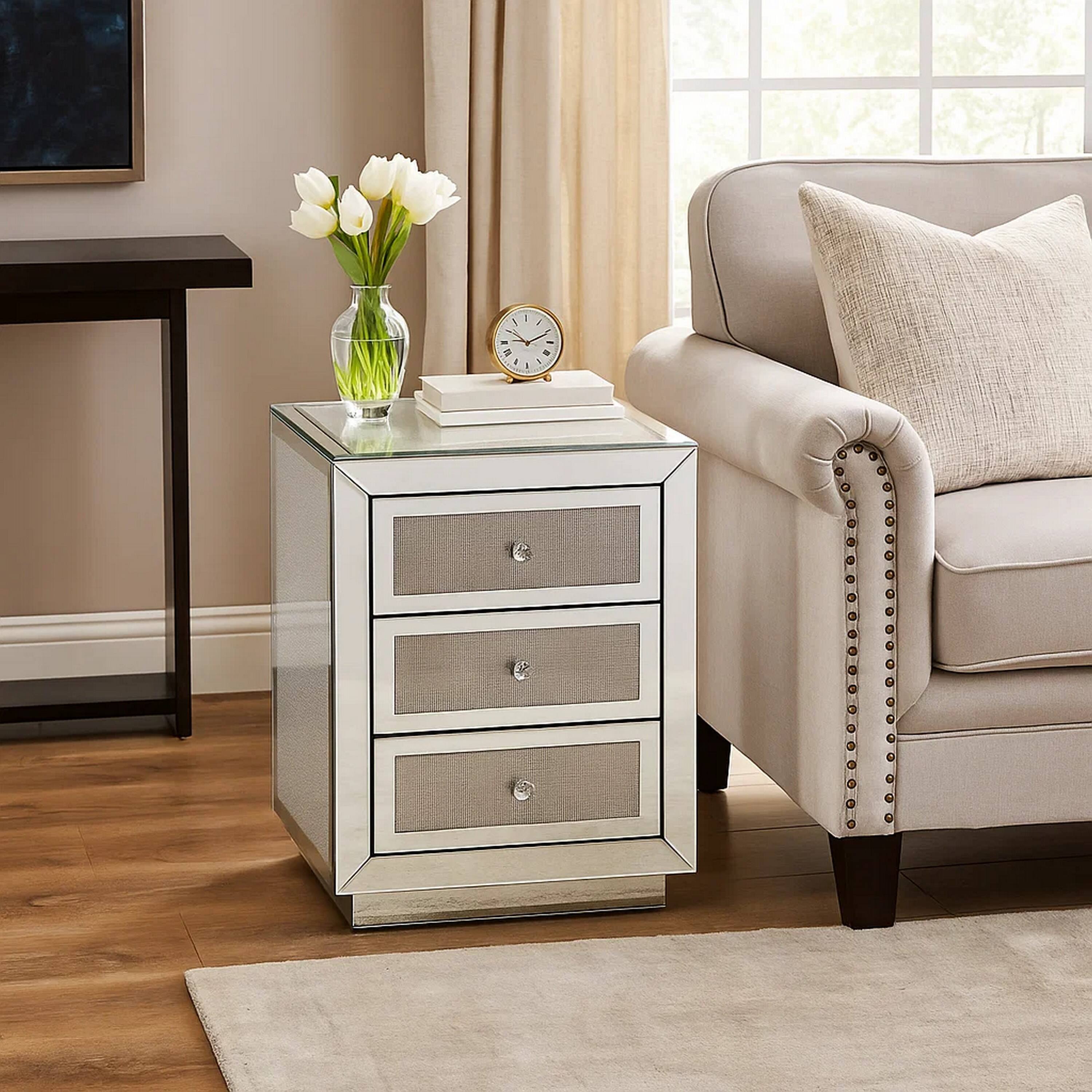 Alt View 5. Manhattan Lane - 3 Drawer Mirrored Accent Table with Faux Diamond Inlay - Silver.