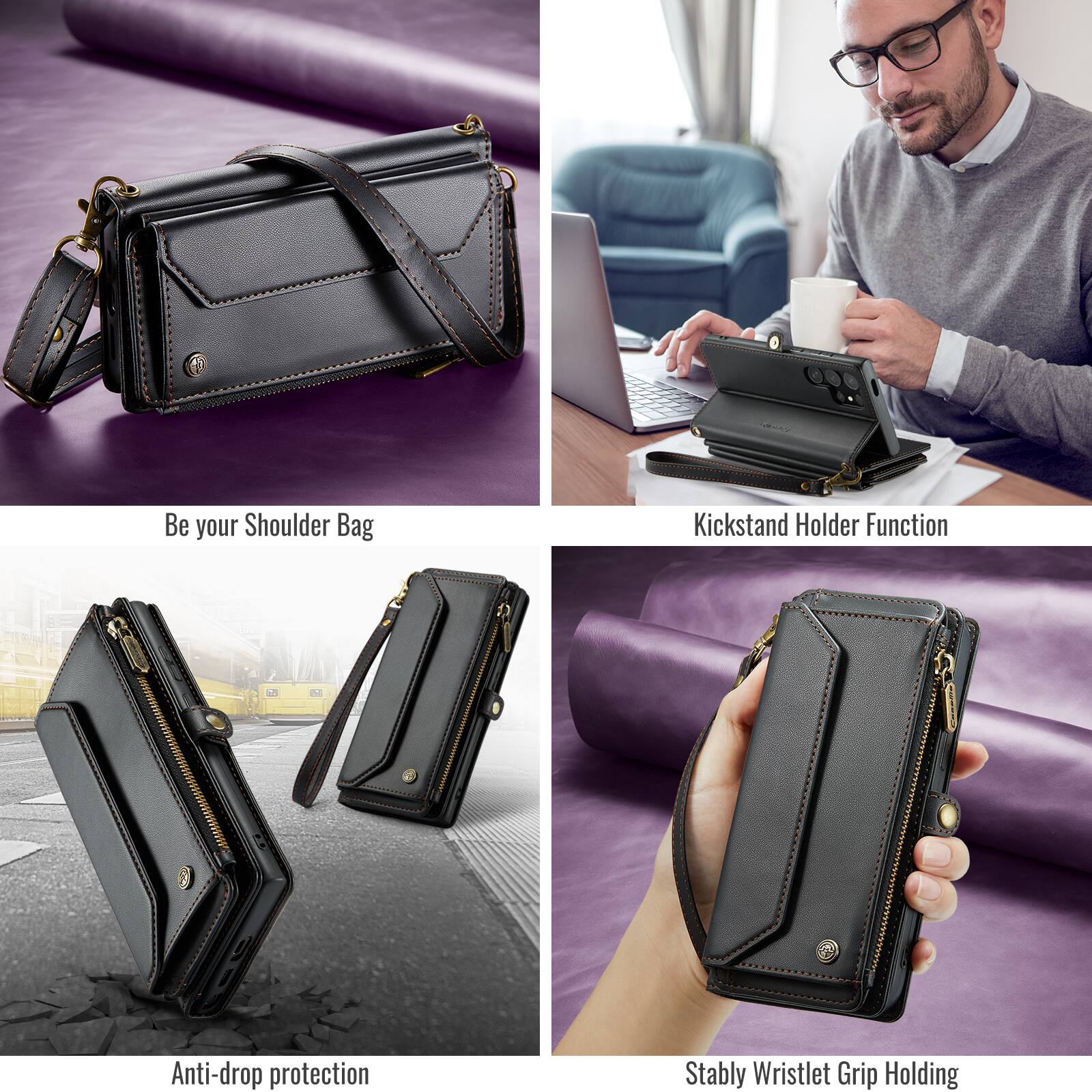 Be your Shoulder Bag  
Kickstand Holder Function  
Anti-drop protection  
Stably Wristlet Grip Holding