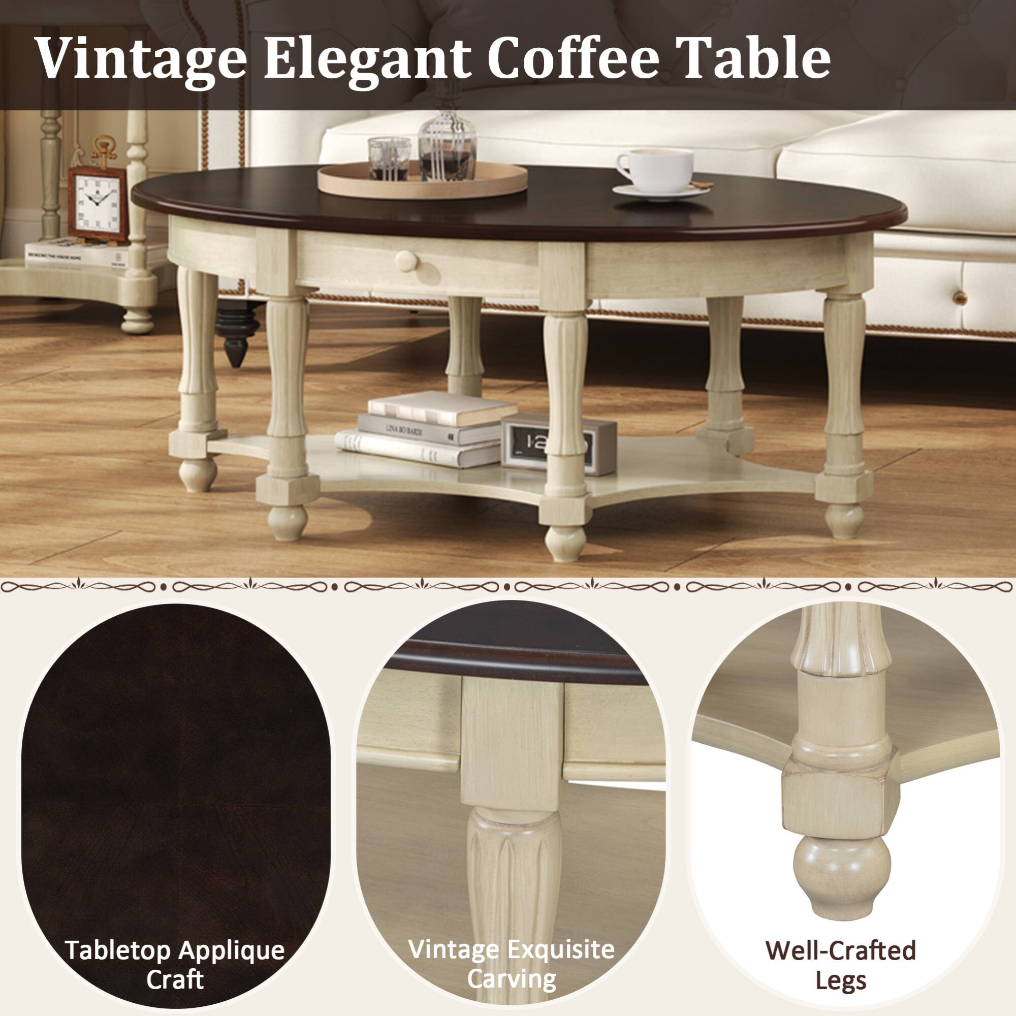 Vintage Elegant Coffee Table

- Tabletop Applique Craft
- Vintage Exquisite Carving
- Well-Crafted Legs