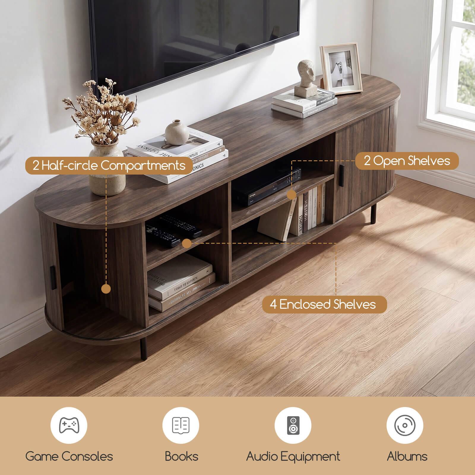 ONICS 300 wOL r 2 Half-circle Compartments ONICS 2 Open Shelves FH 174 4 Enclosed Shelves Game Consoles Books Audio Equipment Albums