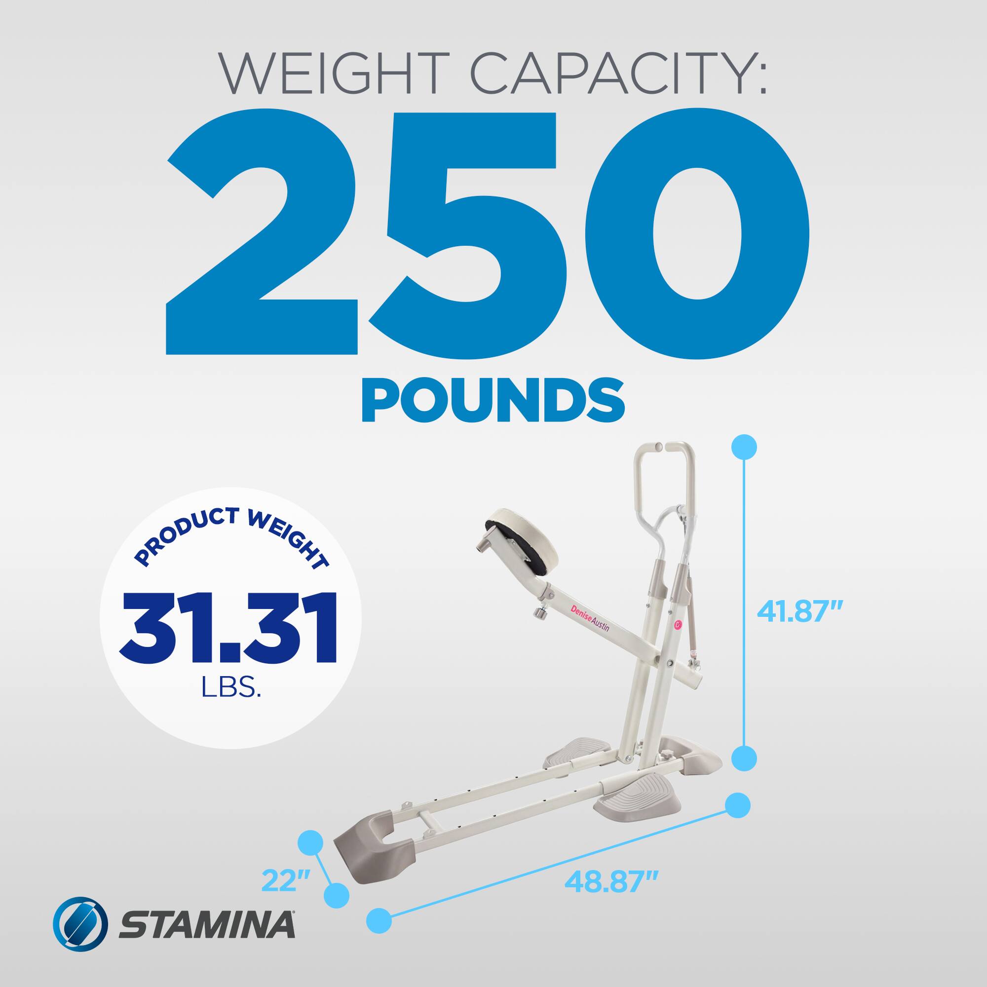 WEIGHT CAPACITY: 250 POUNDS

PRODUCT WEIGHT: 31.31 LBS.

Denise 41.87" 31.31 Authn LBS. 22" STAMINA 48.87"