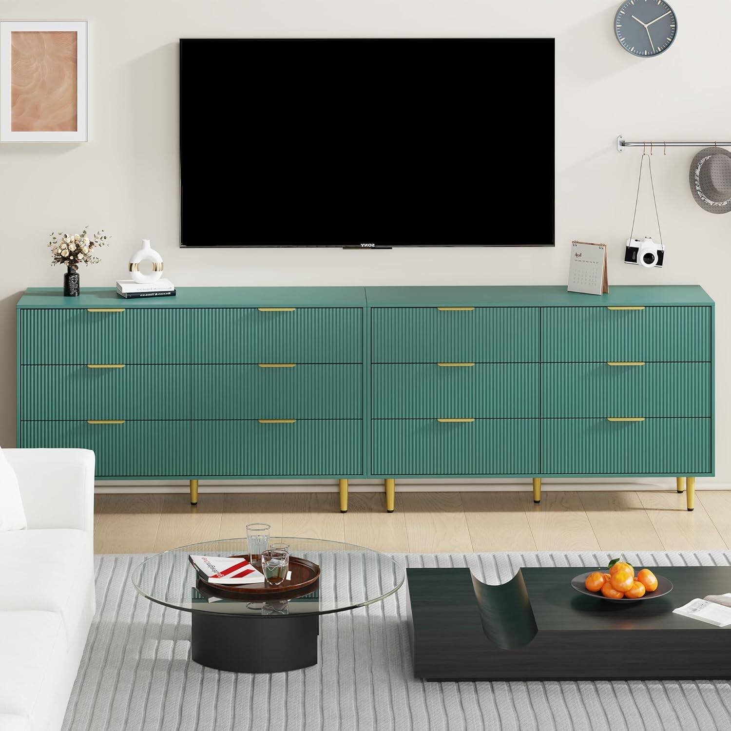 Alt View 3. GARVEE - Fluted Dresser for Bedroom with 6 Drawers, Wooden Chest of Drawers with Metal Handle & Feet, Dresser for Living Room - Green.
