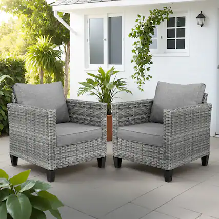 Front. Ovios - 2 PCS Patio Furniture Comfy Single Chair Outdoor Rattan Armchair Wicker Chair with Cushions - Dark Grey.