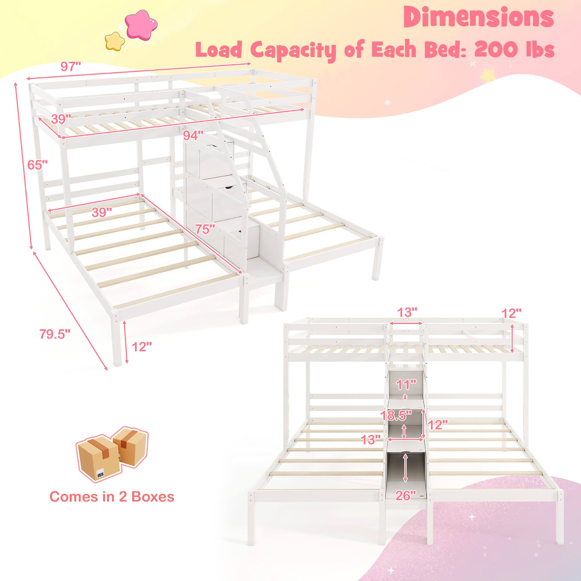 Dimensions  
Load Capacity of Each Bed: 200 lbs  

97"  
39"  
65"  
39"  
75"  
79.5"  
12"  
13"  
12"  
11"  
18.5"  
13"  
12"  

Comes in 2 Boxes