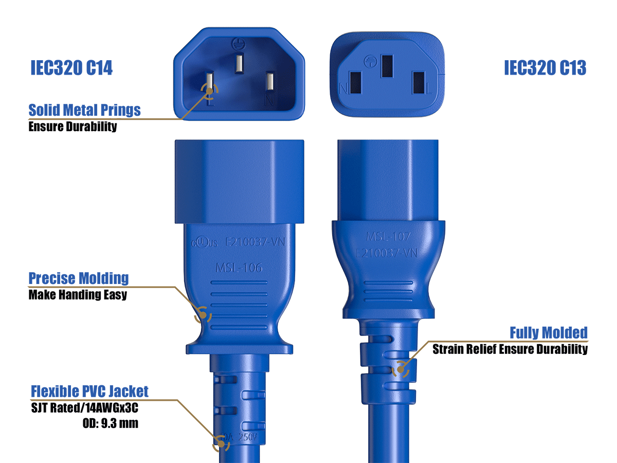 IEC320 C14  
IEC320 C13  
Solid Metal Prongs Ensure Durability  
Precise Molding Makes Handling Easy  
GODUS F210037-VN MSL-106  
MSIL-107 E210037-VN  
Fully Molded Strain Relief Ensures Durability  
Flexible PVC Jacket SJT Rated/14AWGx3C OD: 9.3 mm  
AO 250V
