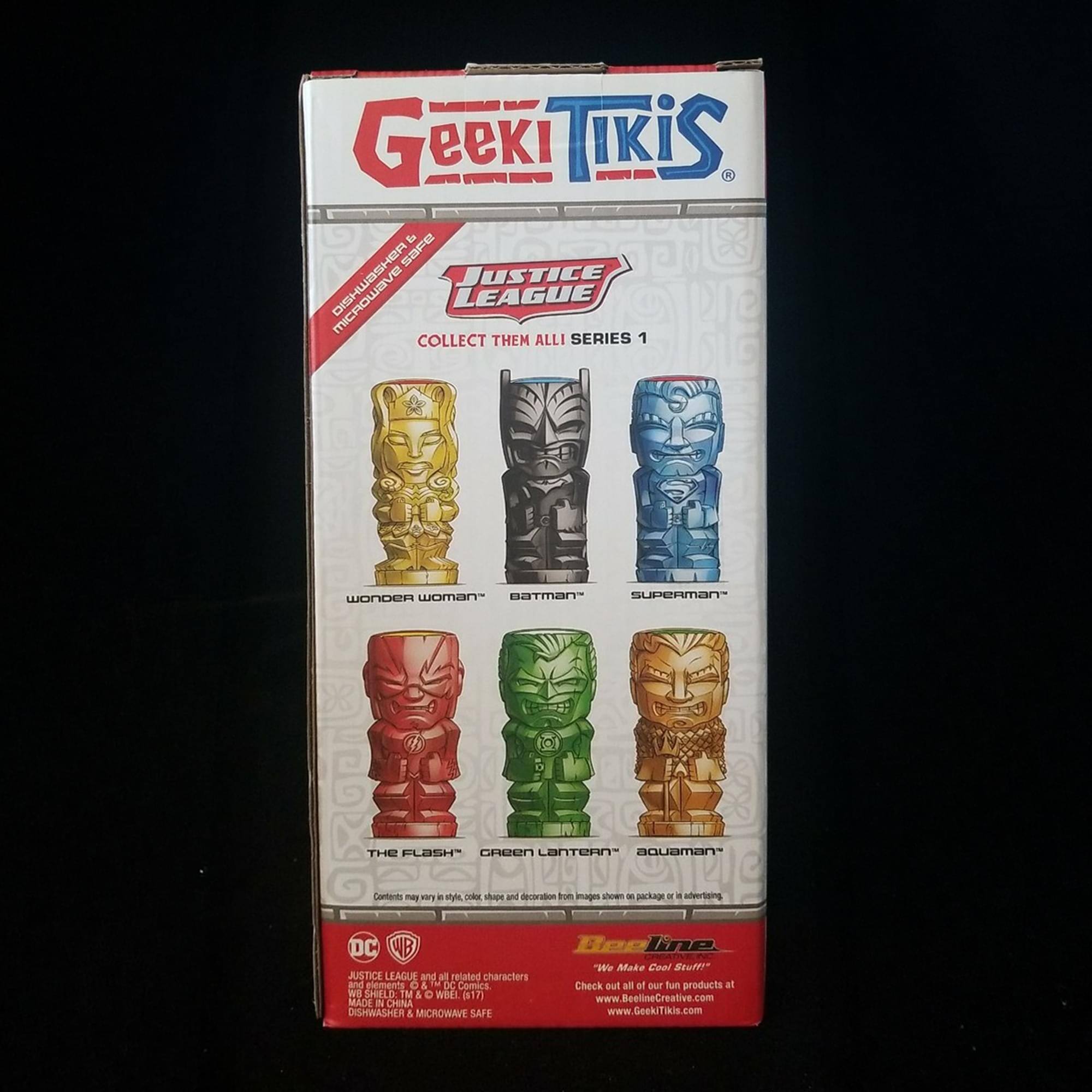 Geeki Tikis  
Justice League  
Collect Them All! Series 1  

Wonder Woman  
Batman  
Superman  
The Flash  
Green Lantern  
Aquaman  

Dishwasher & Microwave Safe  

DC Comics  
WB Justice League and related characters and elements  

Beeline Creative  
www.BeelineCreative.com  
www.GeekiTikis.com