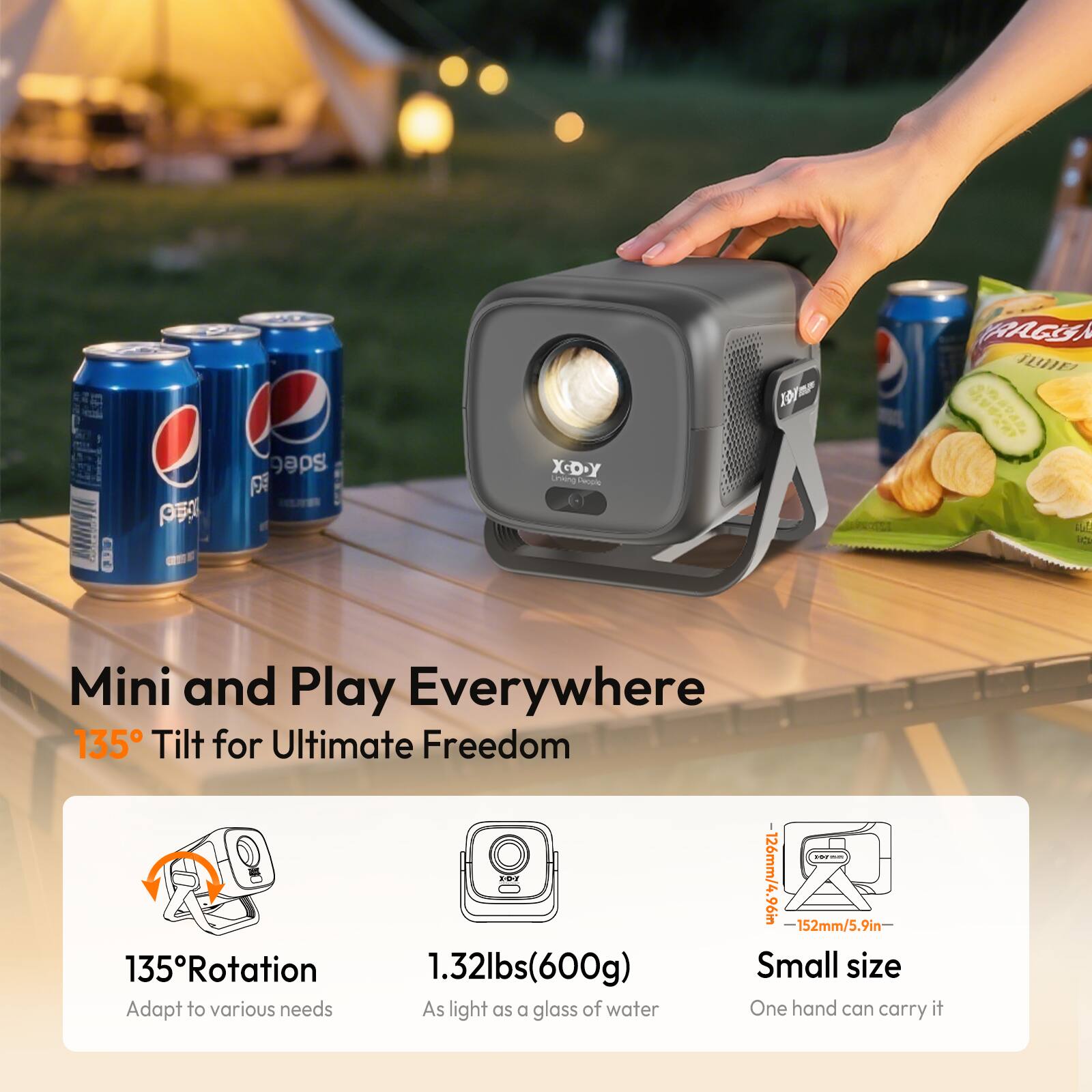 Mini and Play Everywhere  
135° Tilt for Ultimate Freedom  

135° Rotation  
Adapt to various needs  

1.32lbs (600g)  
As light as a glass of water  

Small size  
One hand can carry it  

126mm/4.96in  
152mm/5.9in