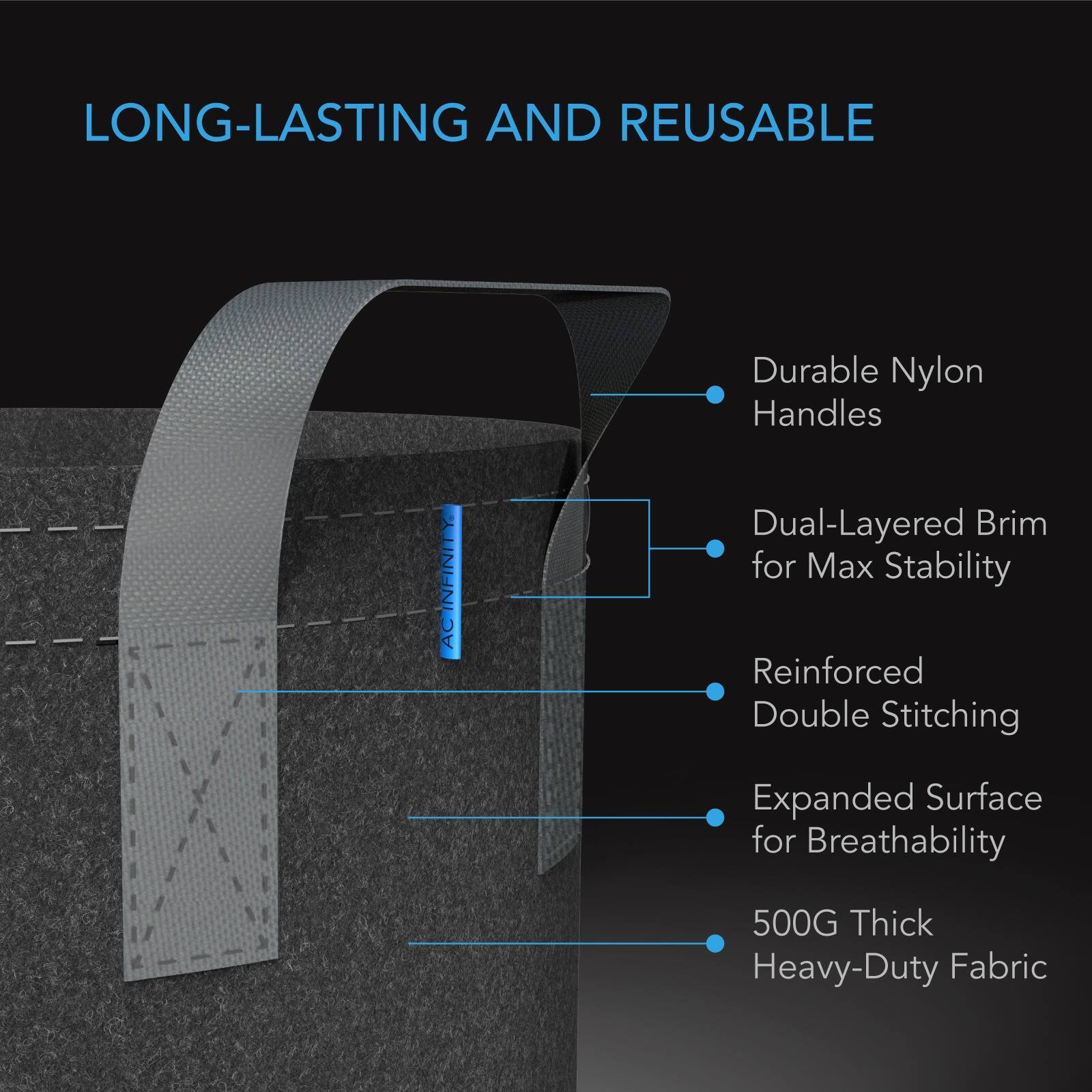 LONG-LASTING AND REUSABLE

AC INFINITY AC

- Durable Nylon Handles
- Dual-Layered Brim for Max Stability
- Reinforced Double Stitching
- Expanded Surface for Breathability
- 500G Thick Heavy-Duty Fabric