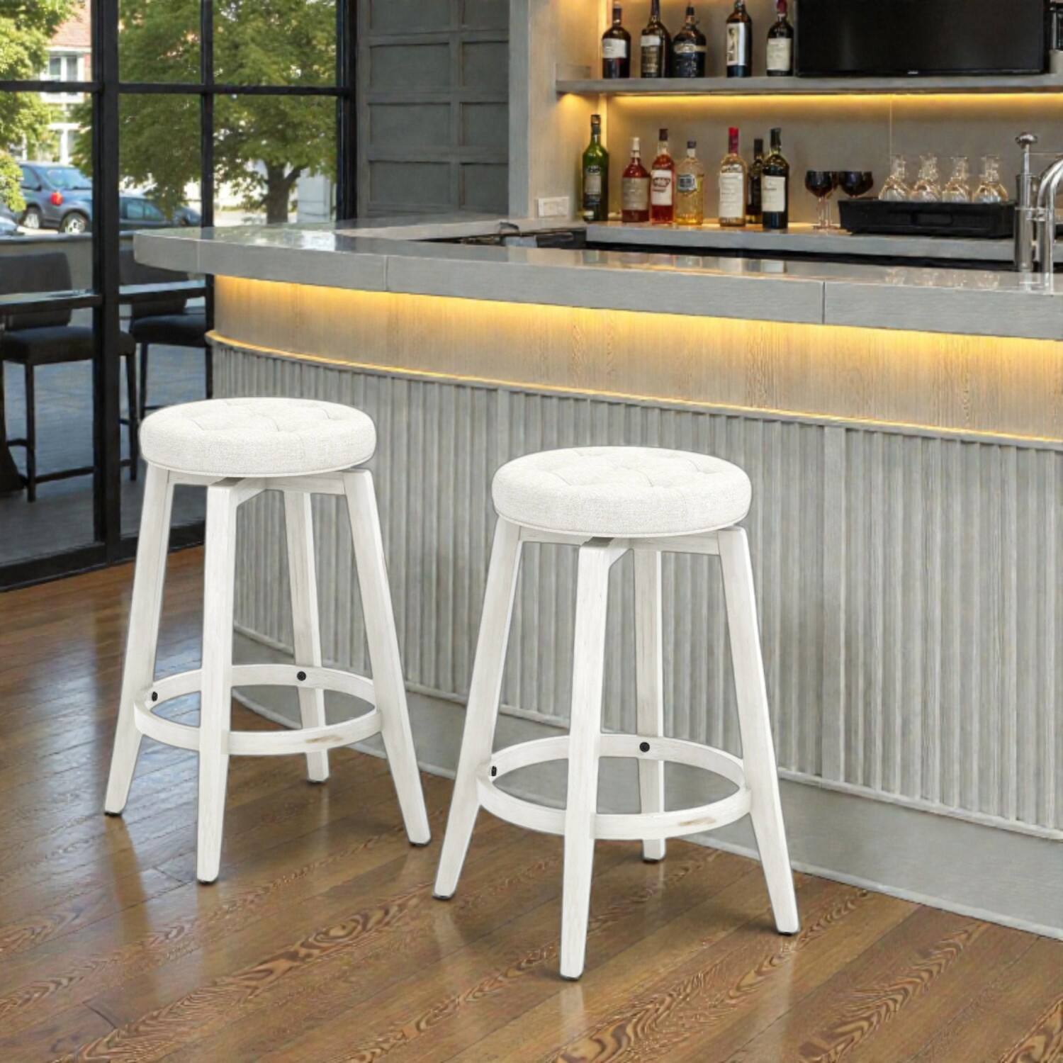 Front. Hivvago - Set of 2 Upholstered Bar Stools with 360° Swivel Seats, Rubberwood Frame, and Built-In Footrest - 26 inches - White.