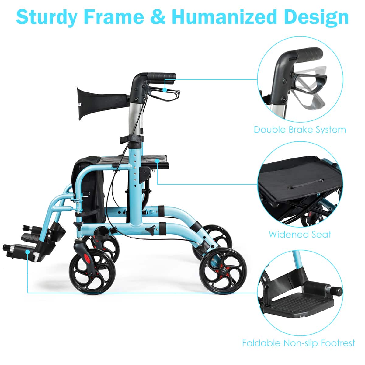 Sturdy Frame & Humanized Design, Double Brake System, Widened Seat, Foldable Non-slip Footrest