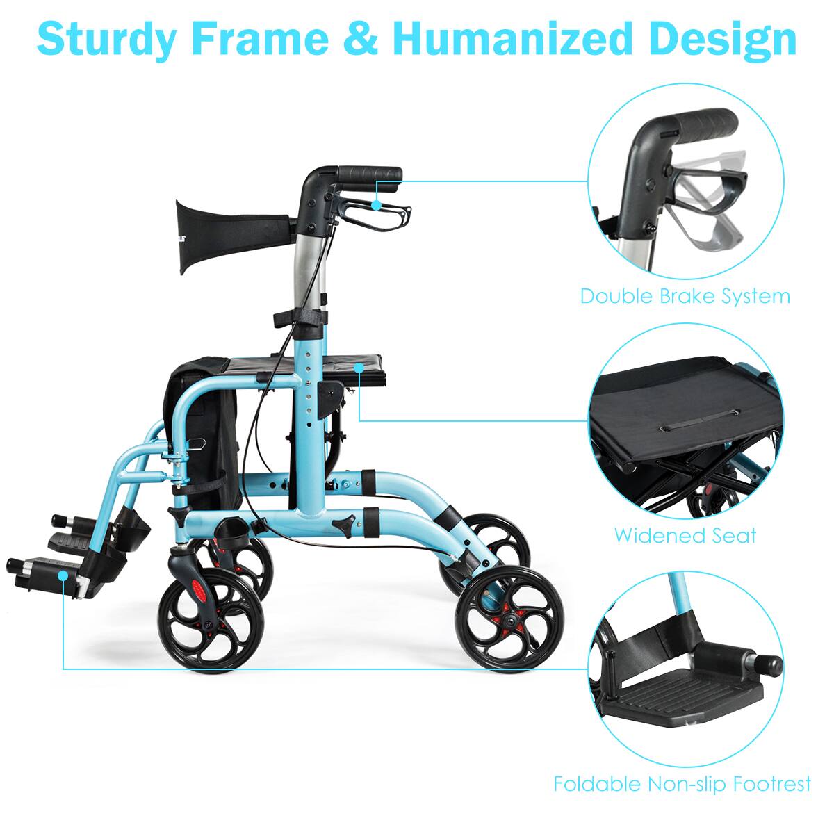Sturdy Frame & Humanized Design, Double Brake System, Widened Seat, Foldable Non-slip Footrest