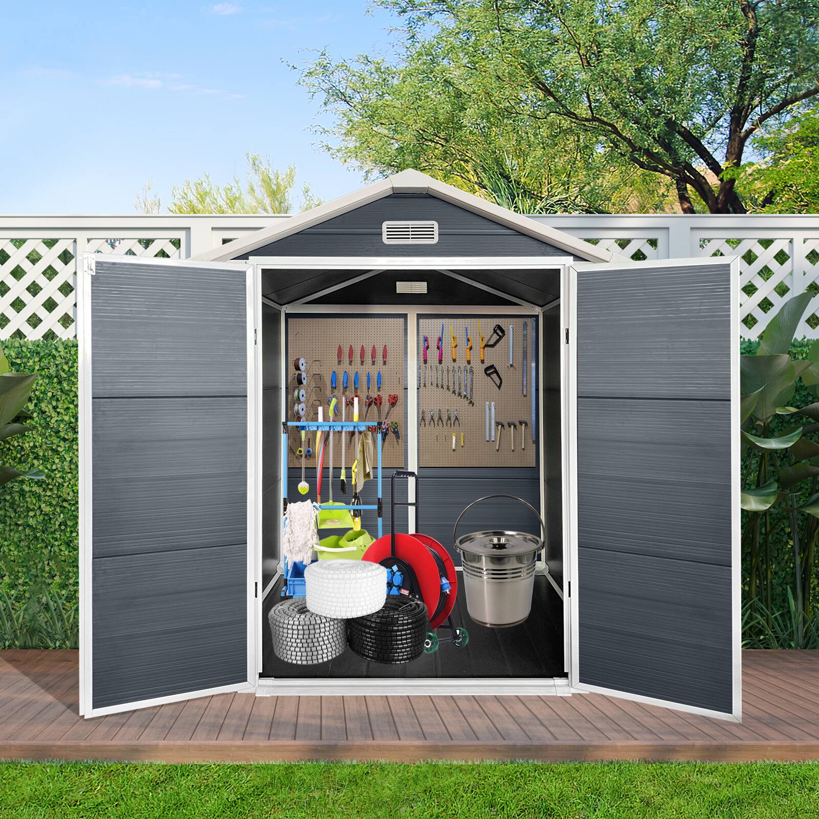 Angle. Mondawe - 6x6 Ft Plastic Outdoor Storage with Floor and Lockable Door - Dark Grey.