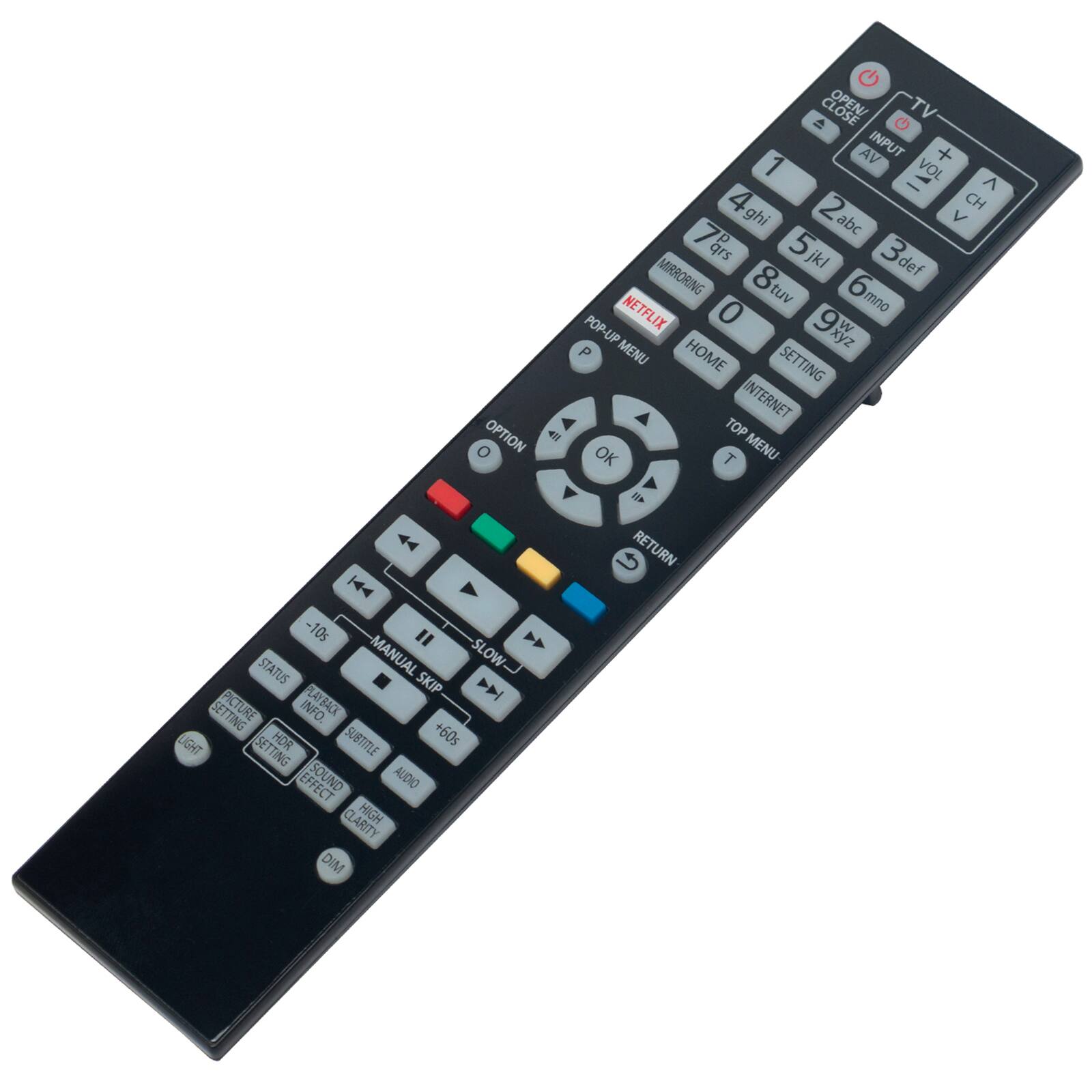 OPTION 4 OPEN! CLOSE AV INPUT +1 VOL: ^ 4 2 CH ghi abc V 7 qrs P 5 3def jkl def MIRRORING 8 tuv 6mno NETFLIX 0 mno POP-UP 9xyz W xyz P MENU HOME SETTING INTERNET TOP OK T MENU 4 |44 -10s " >> MANUAL SLOW STATUS SKIP PLAYBALK D SETTING PICTURE INFO LIGHT HDR SUBTITLE +60s SETTING EFFECT SOUND AUDIO CLARITY HIGH DIM RETURN