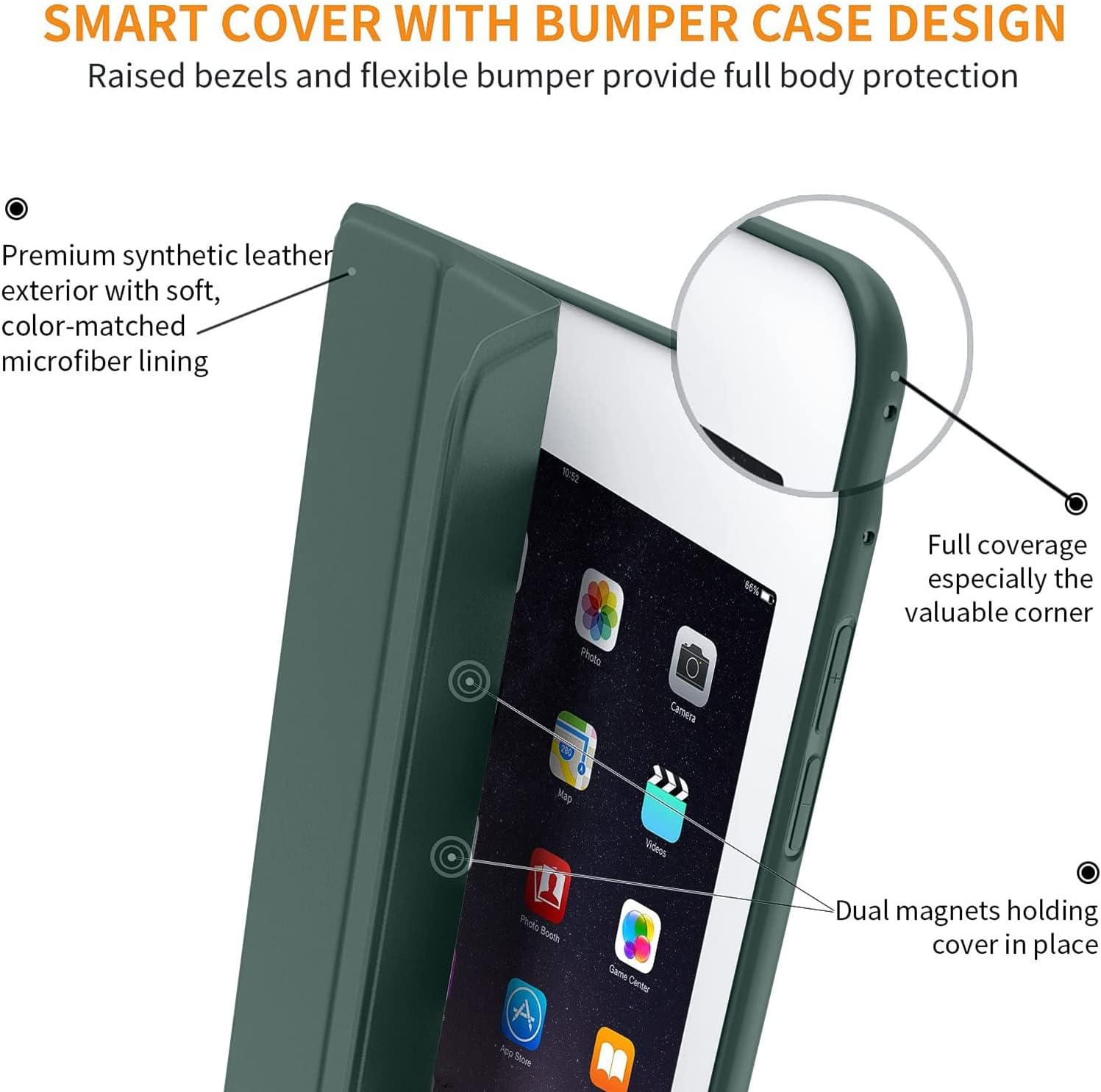 SMART COVER WITH BUMPER CASE DESIGN  
Raised bezels and flexible bumper provide full body protection  

Premium synthetic leather exterior with soft, color-matched microfiber lining  

Full coverage especially the valuable corner  

Dual magnets holding cover in place