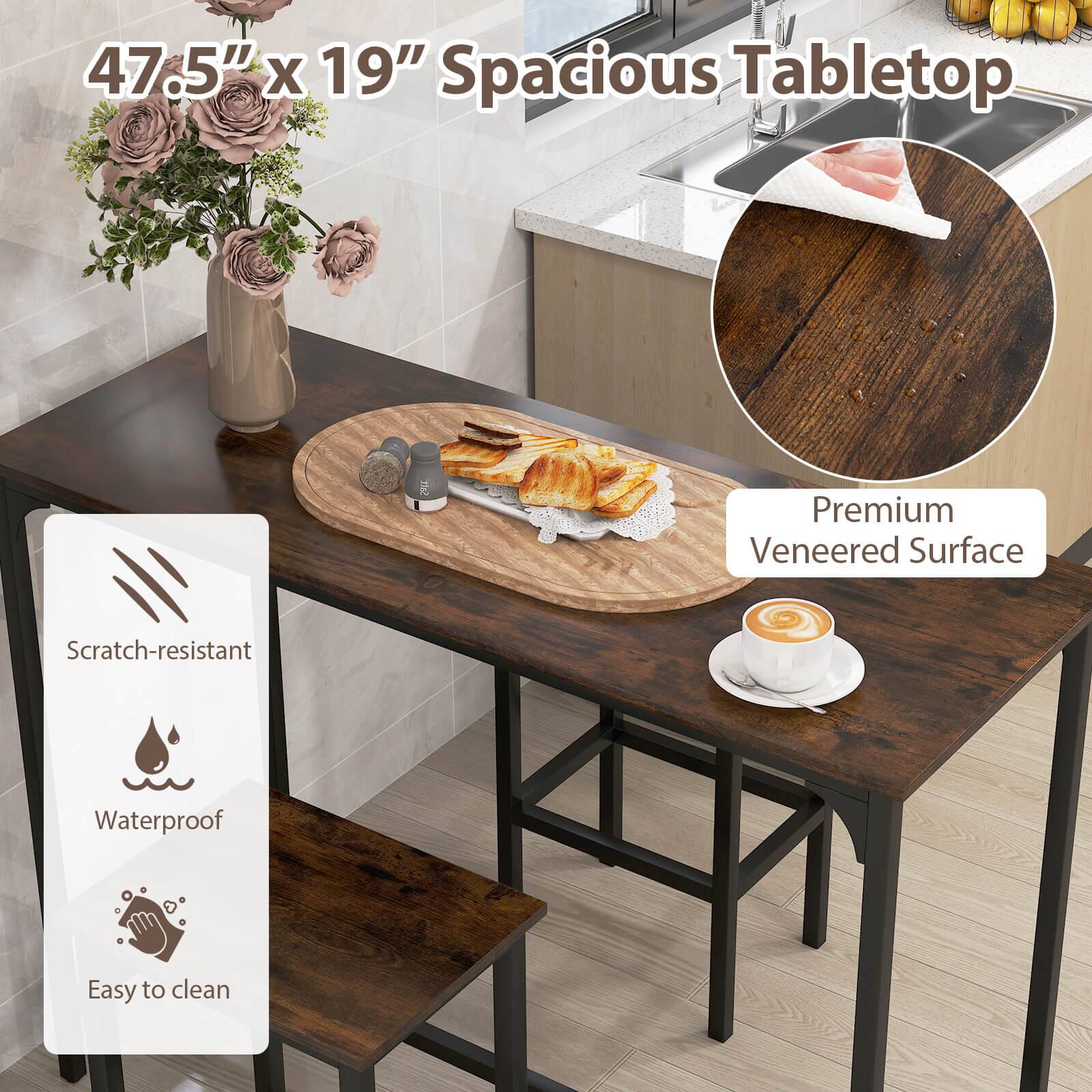 The text on the image reads: "47.5" X 19" Spacious Tabletop Premium Veneered Surface Scratch-resistant Waterproof Easy to clean."