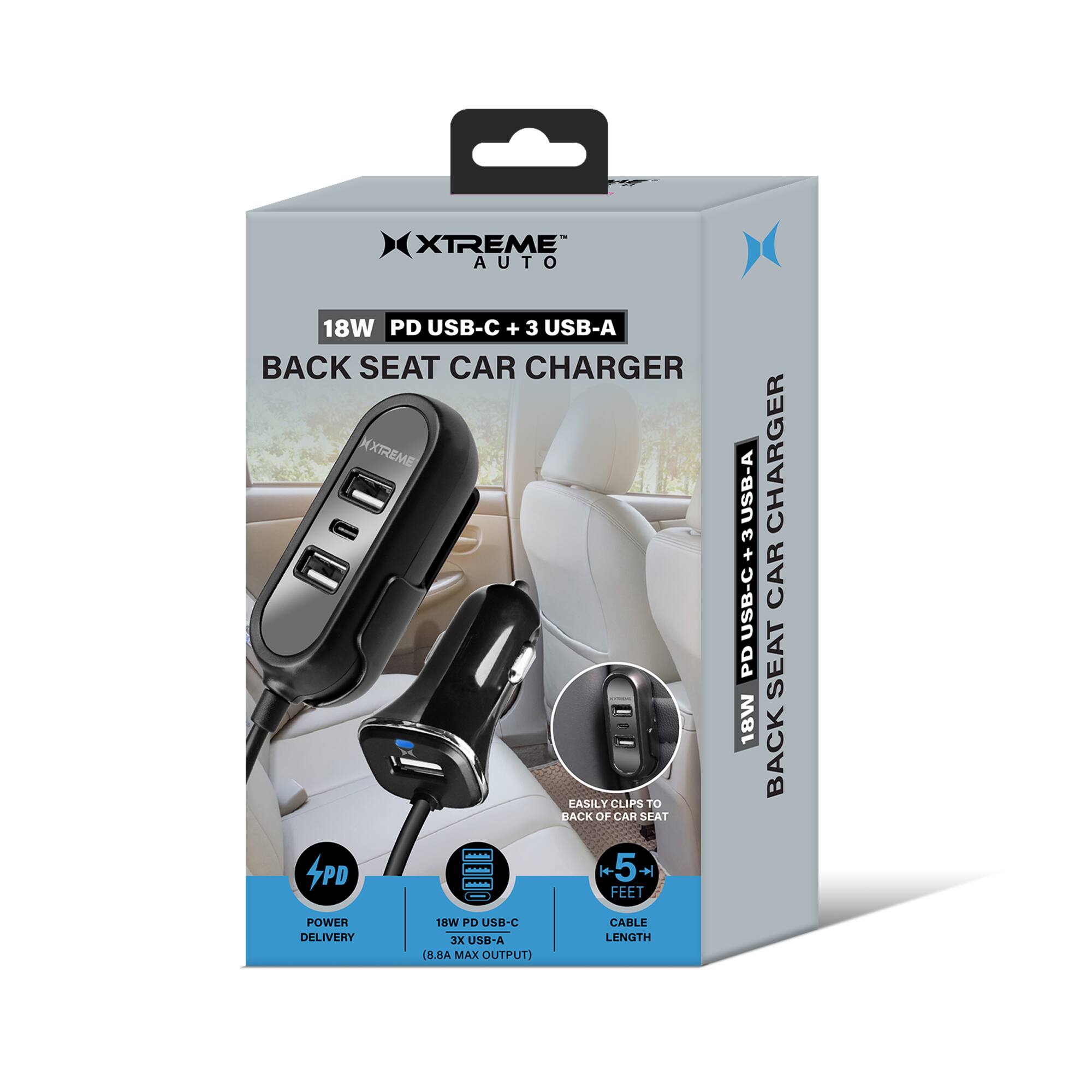 XTREME AUTO 18W PD USB-C + 3 USB-A BACK SEAT CAR CHARGER

XXTREME EASILY CLIPS TO BACK OF CAR

SPAT 4PD PD A 15+ + FEET

USB-A 3 + USB-C PD 18W CHARGER

CAR SEAT BACK POWER DELIVERY 18W PD USB-C

XX USB-A (8.8A MAX OUTPUT) CABLE LENGTH