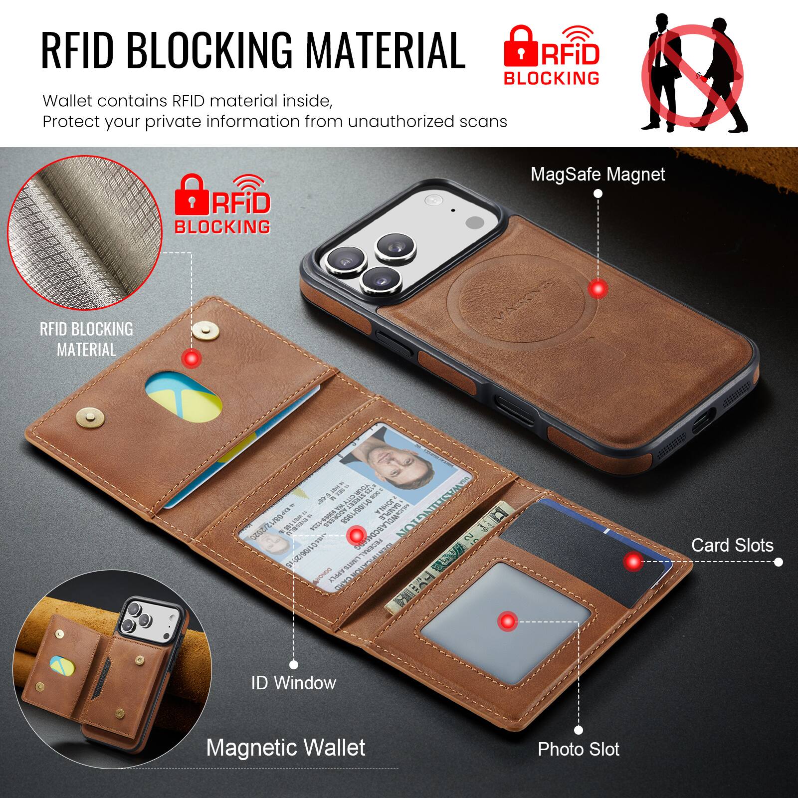 RFID BLOCKING MATERIAL

Wallet contains RFID material inside, Protect your private information from unauthorized scans

RFiD BLOCKING

MagSafe Magnet

RFID BLOCKING MATERIAL

Card Slots

ID Window

Magnetic Wallet

Photo Slot