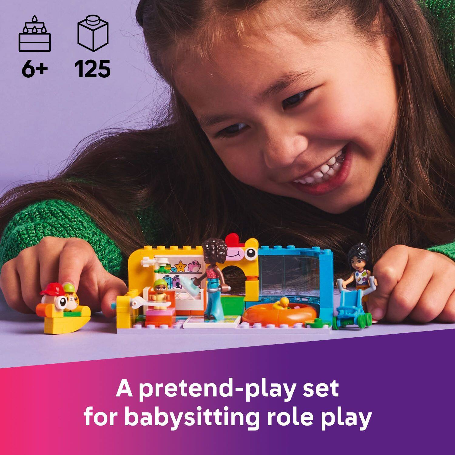 A pretend-play set for babysitting role play is shown, with a girl playing with the toys. The set includes a baby doll, a toy car, and a toy boat, along with other toys. The girl is smiling and appears to be enjoying her playtime.