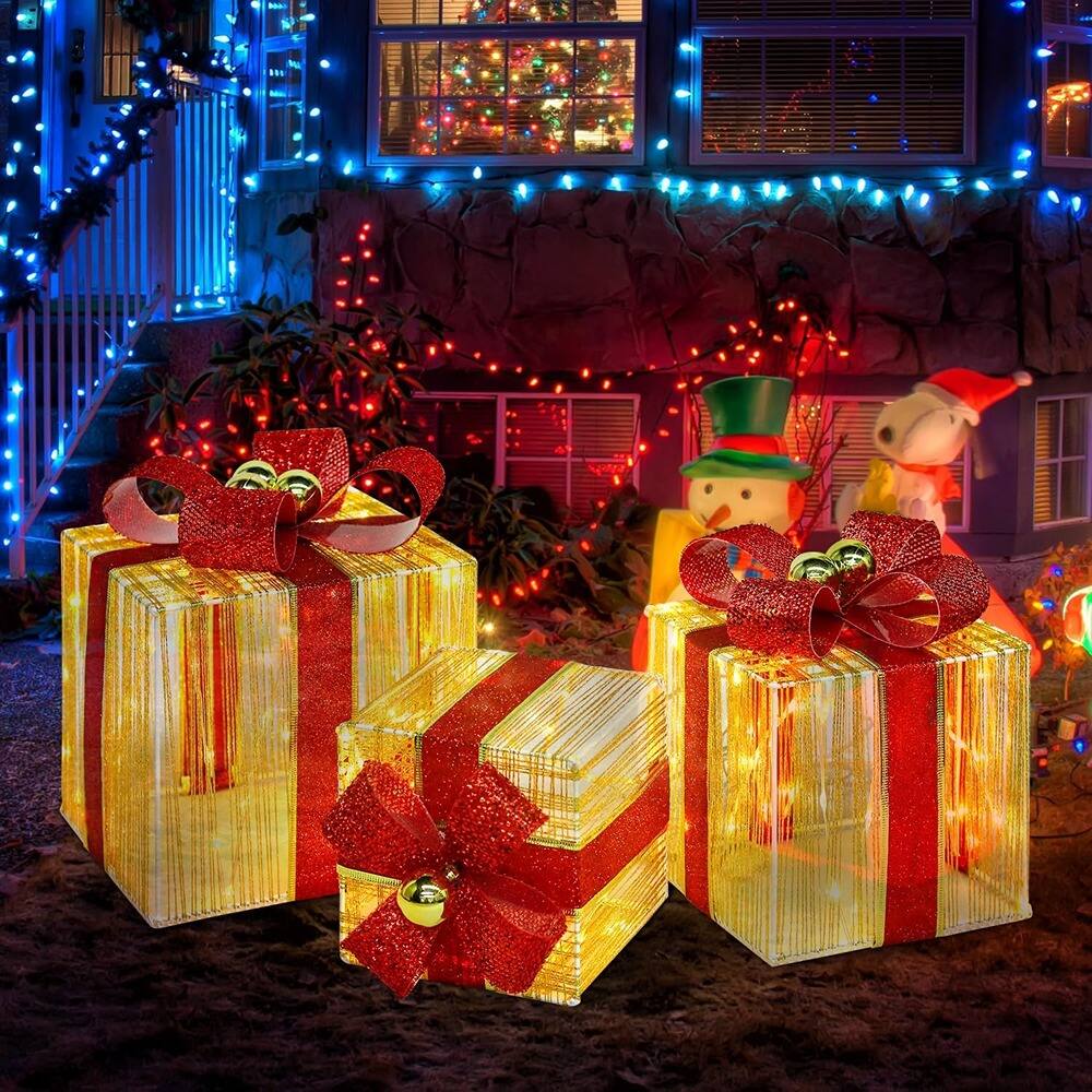 Alt View 2. RTMB - Set of 3 LED Christmas Gift Boxes, 140 Lights, Metal Frame w/ Gold Accents - Warm White.