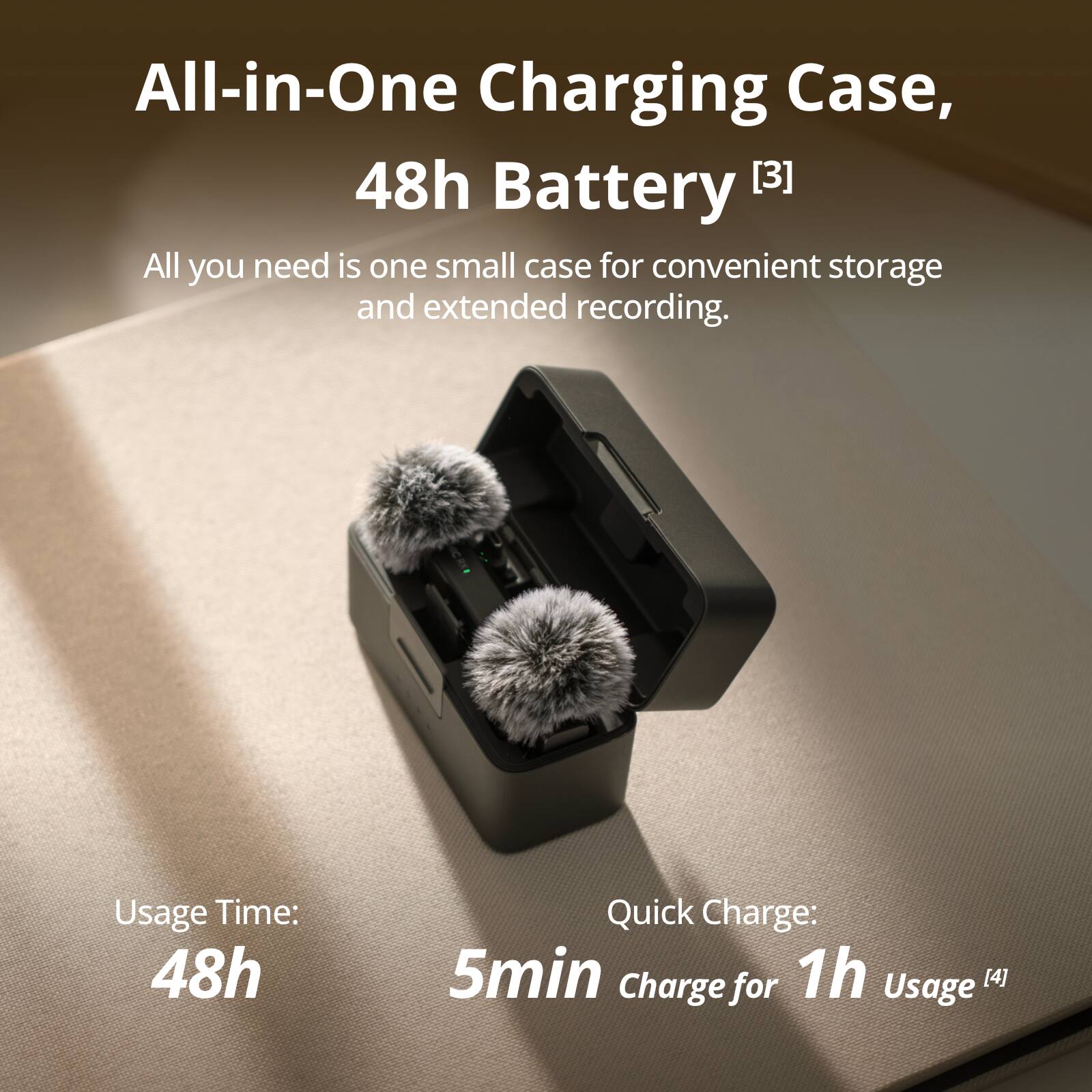 All-in-One Charging Case, 48h Battery [3]  
All you need is one small case for convenient storage and extended recording.  

Usage Time: 48h  
Quick Charge: 5min Charge for 1h Usage [4]