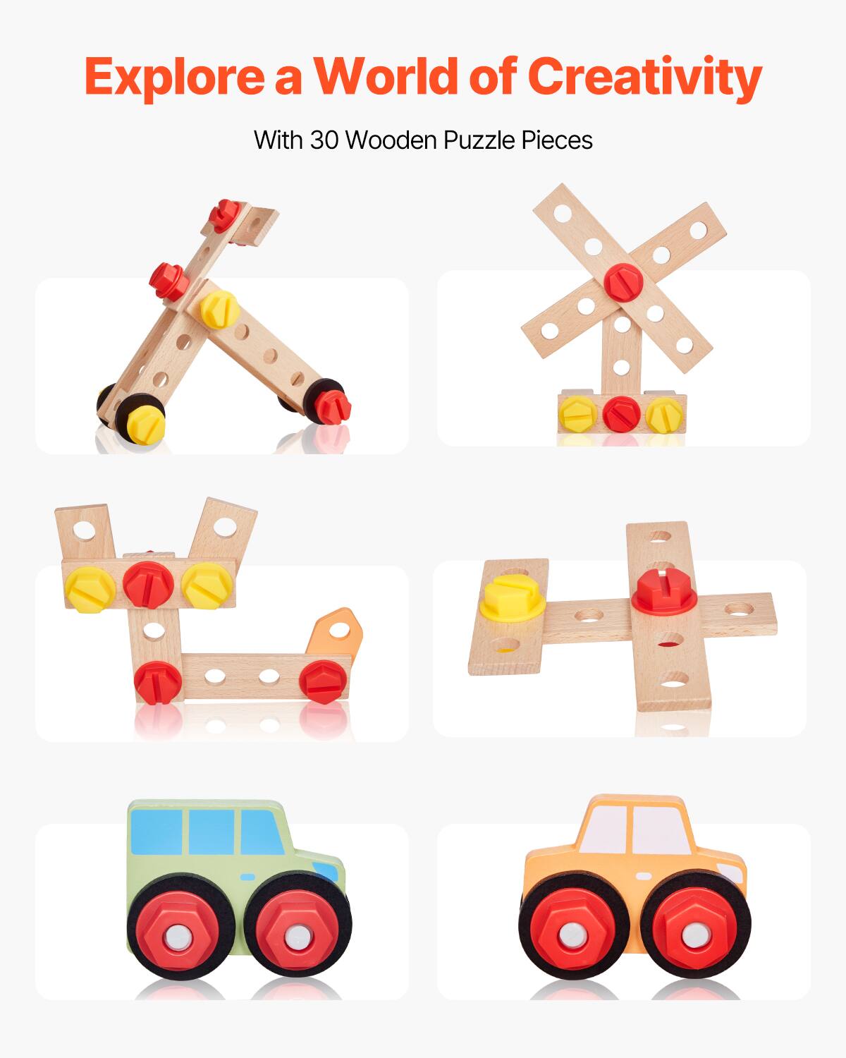 Explore a World of Creativity  
With 30 Wooden Puzzle Pieces