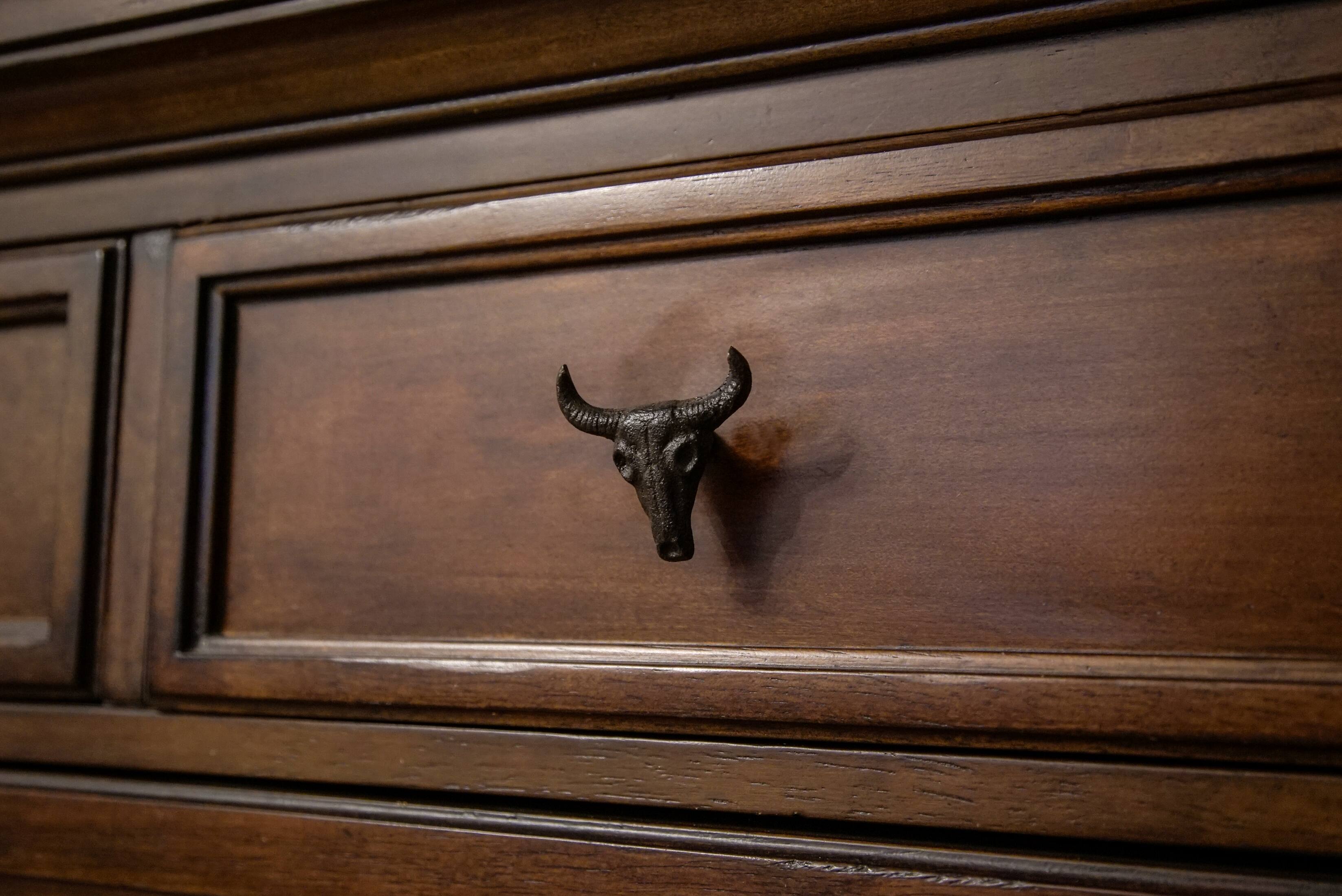 Alt View 4. Zeckos - Set of 6 Cast Iron Steer Skull Drawer Pulls Western Home Decor Cabinet Knobs - Brown.