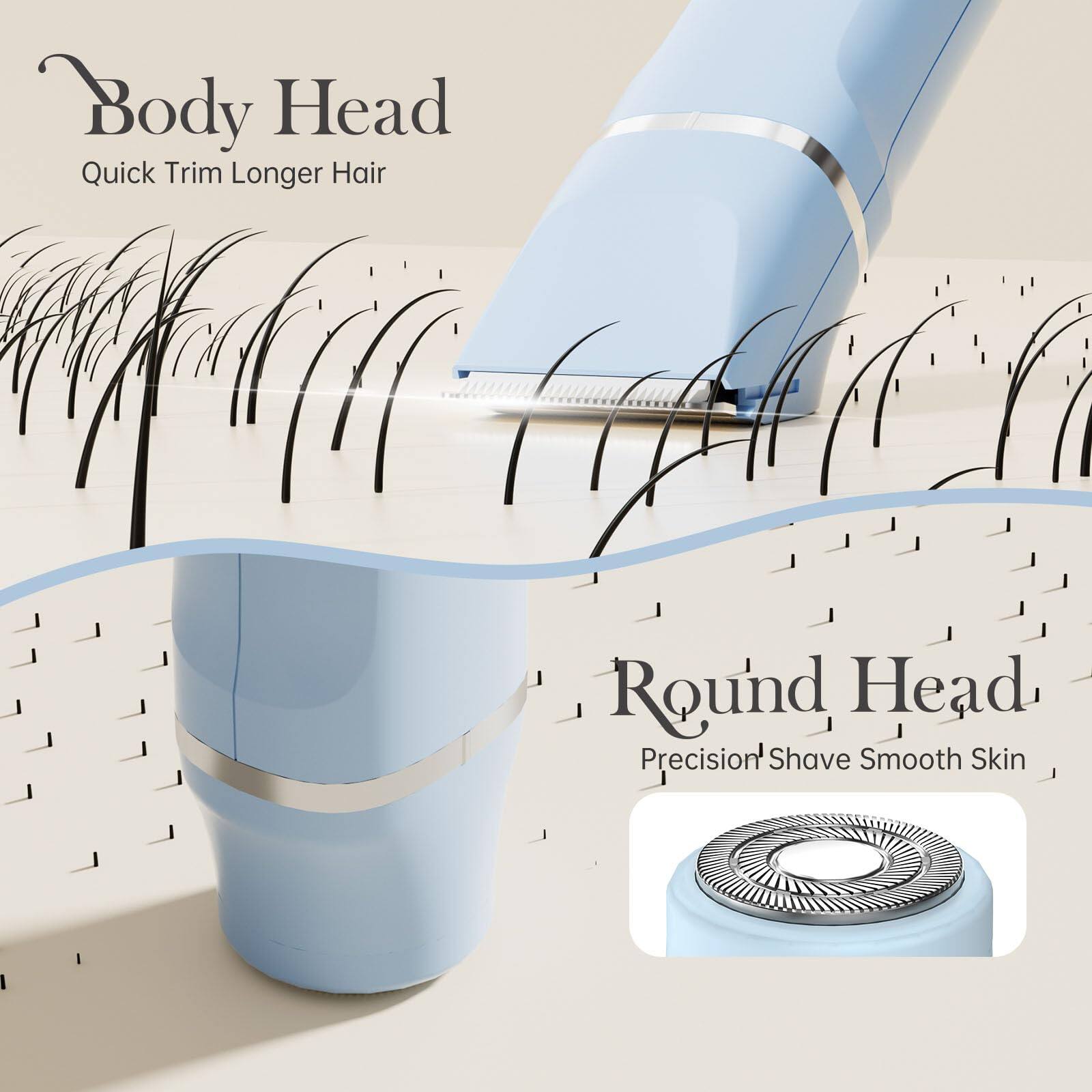 Body Head  
Quick Trim Longer Hair  

Round Head  
Precision Shave Smooth Skin