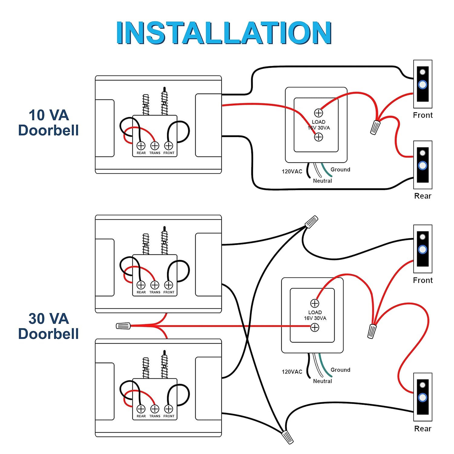 INSTALLATION

10 VA Doorbell
- LOAD 10V 30VA
- 120VAC
- Ground
- Neutral
- Front
- Rear

30 VA Doorbell
- LOAD 16V 30VA
- 120VAC
- Ground
- Neutral
- Front
- Rear