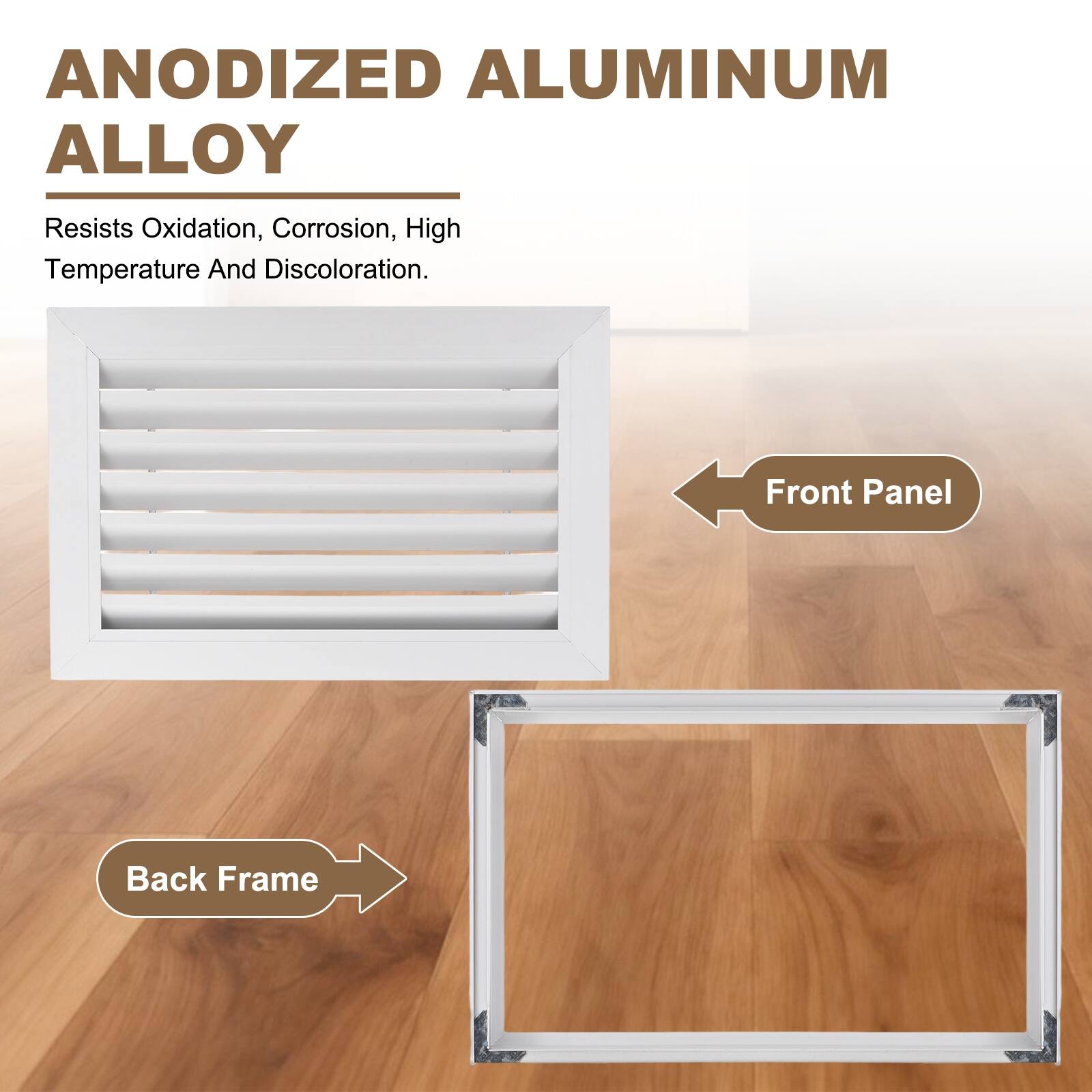 ANODIZED ALUMINUM ALLOY  
Resists Oxidation, Corrosion, High Temperature And Discoloration.  

Front Panel  
Back Frame