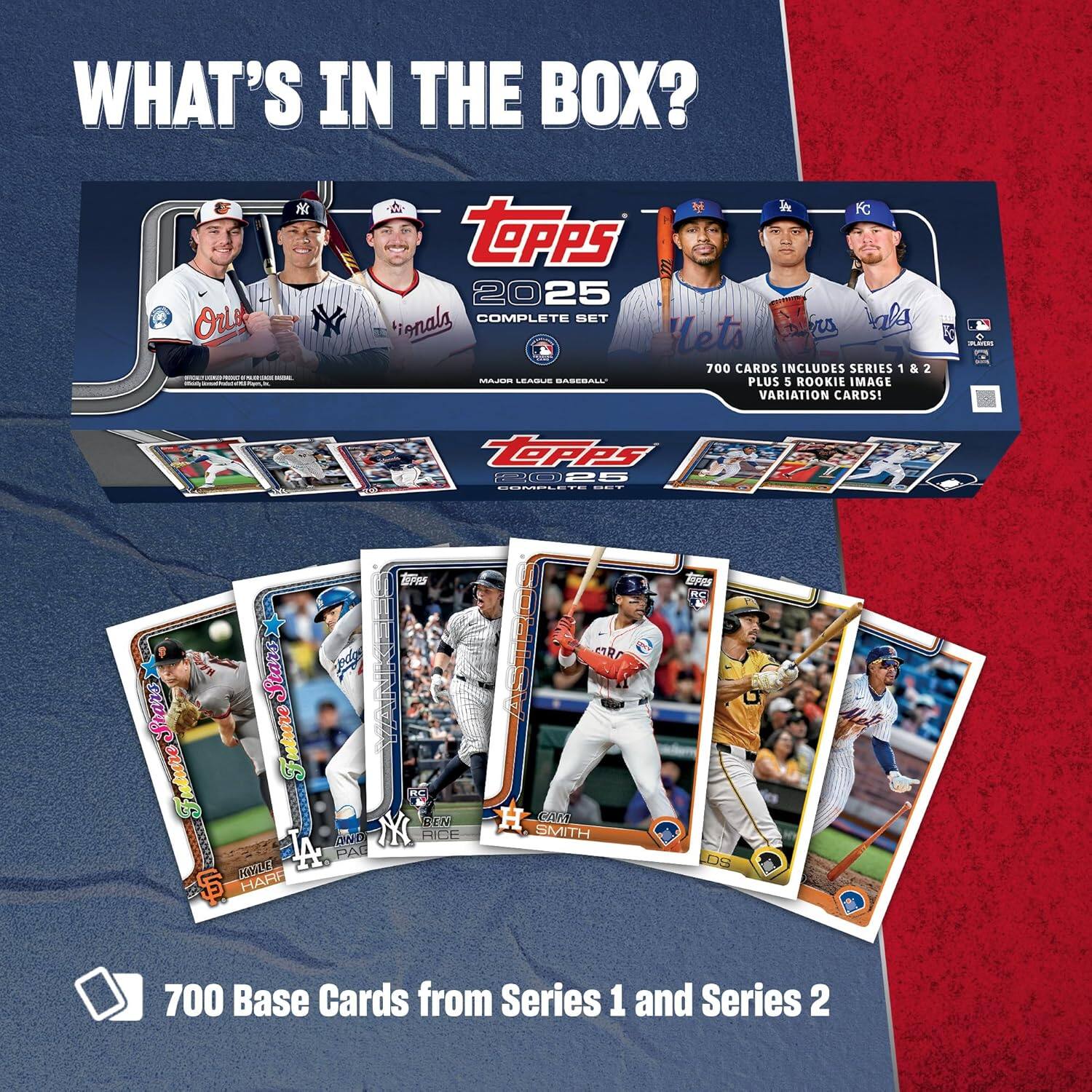 WHAT'S IN THE BOX?  
Topps 2025 Complete Set  
700 Cards Includes Series 1 & 2 - Plus 5 Rookie Image Variation Cards!  
700 Base Cards from Series 1 and Series 2